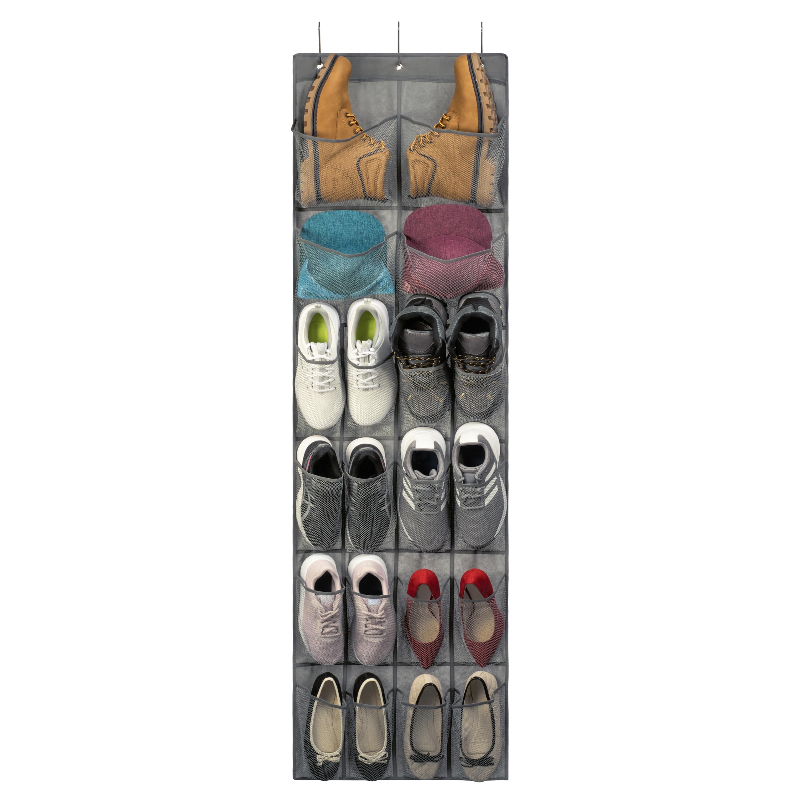 CK Sellers Hanging Shoe and Hat Rack Organizer, 20 Pocket, Door Shoe Organizer, Door Hat Organizer, Mesh, Gray