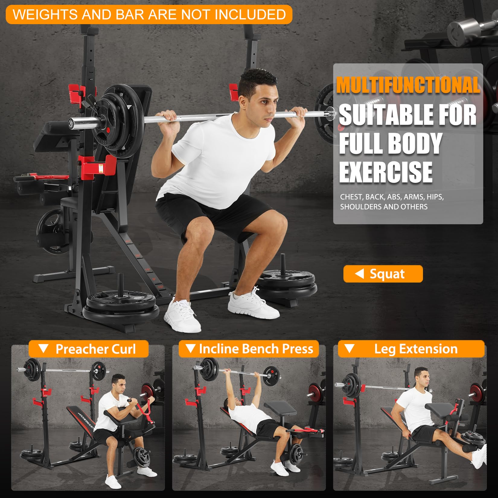 Professional Weight Bench Set with Barbell/Squat Rack, 900LBS Heavy Duty Bench Press Set with Leg Curl/Extension and Preacher Curl, Adjustable Full-Body Workout Bench for Home Gym Fitness