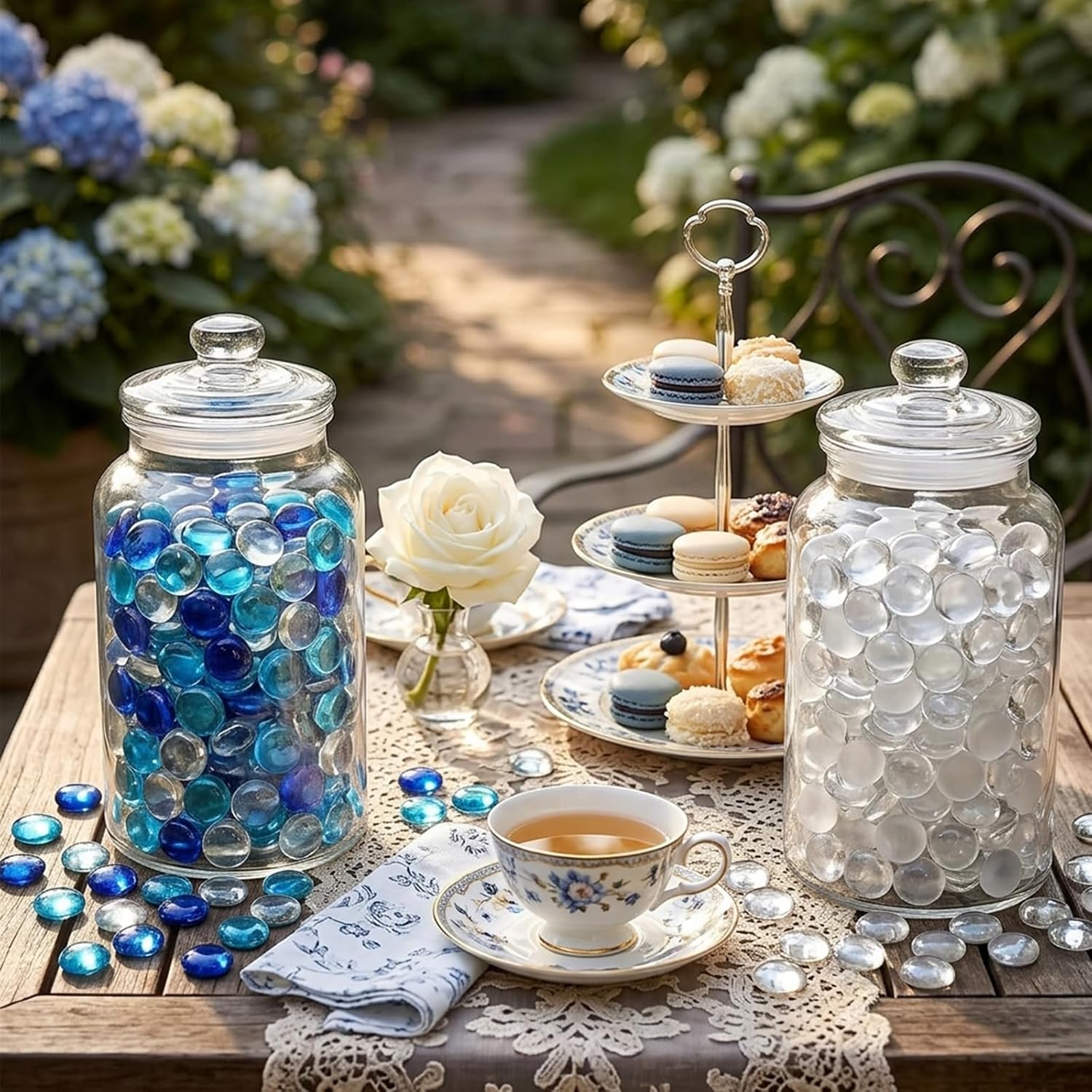 FUTUREPLUSX 550 PCS Flat Glass Marble Bundle, Blue Mixed Gems and Clear Beads for Vase Filler, Table Scatter, Aquarium, Fish Tank, DIY Crafts image 2