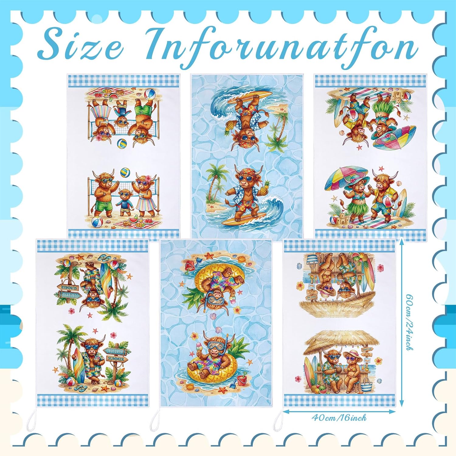 Bencailor 6 Pcs Summer Sea Highland Cow Kitchen Towels Decorative Sets