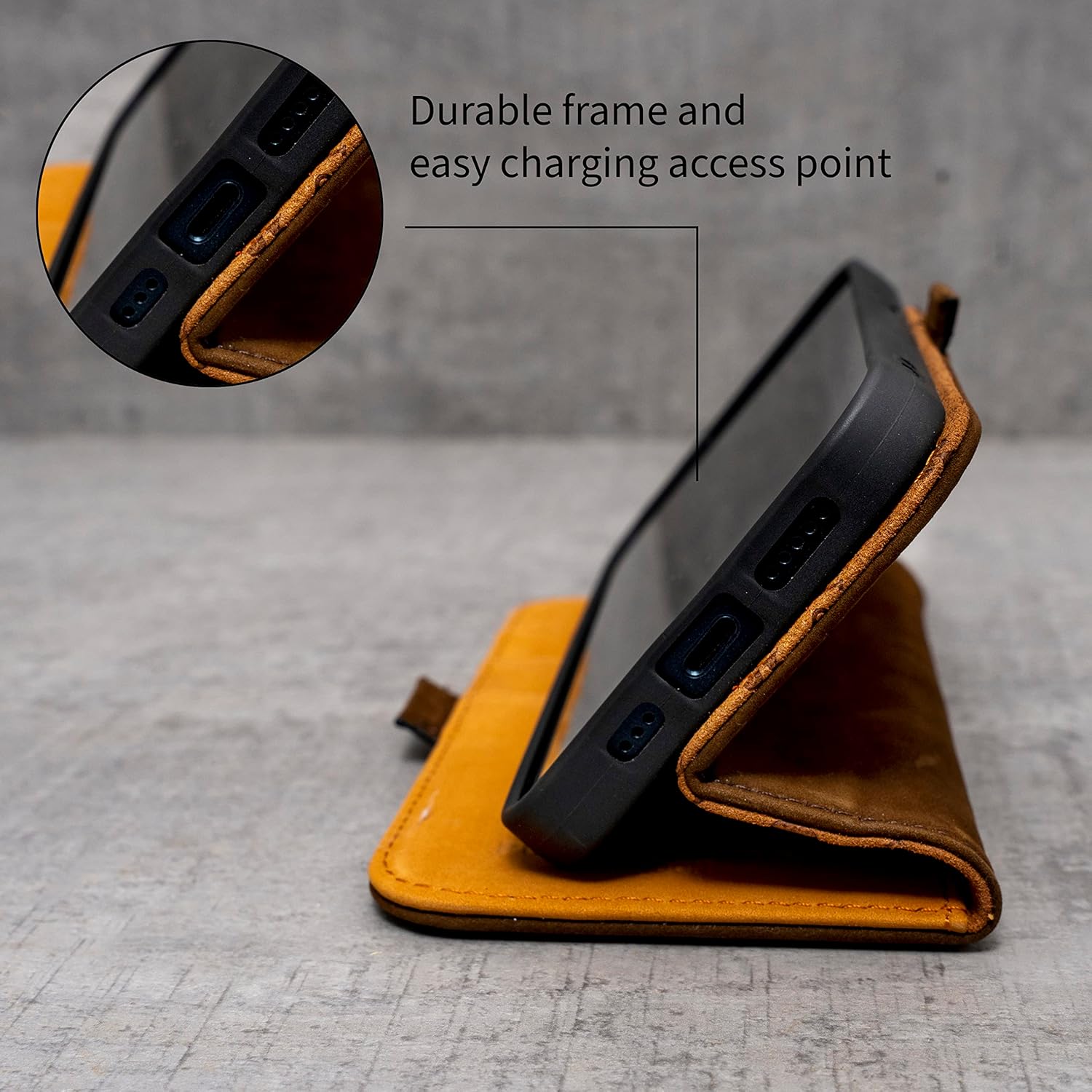 Porter Riley - Leather Case Compatible with iPhone 13 (6.1"). Premium Genuine Nubuck Leather Book/Wallet/Book Case with Card Slots and Horizontal Stand (Brown, Tan) - Image 4