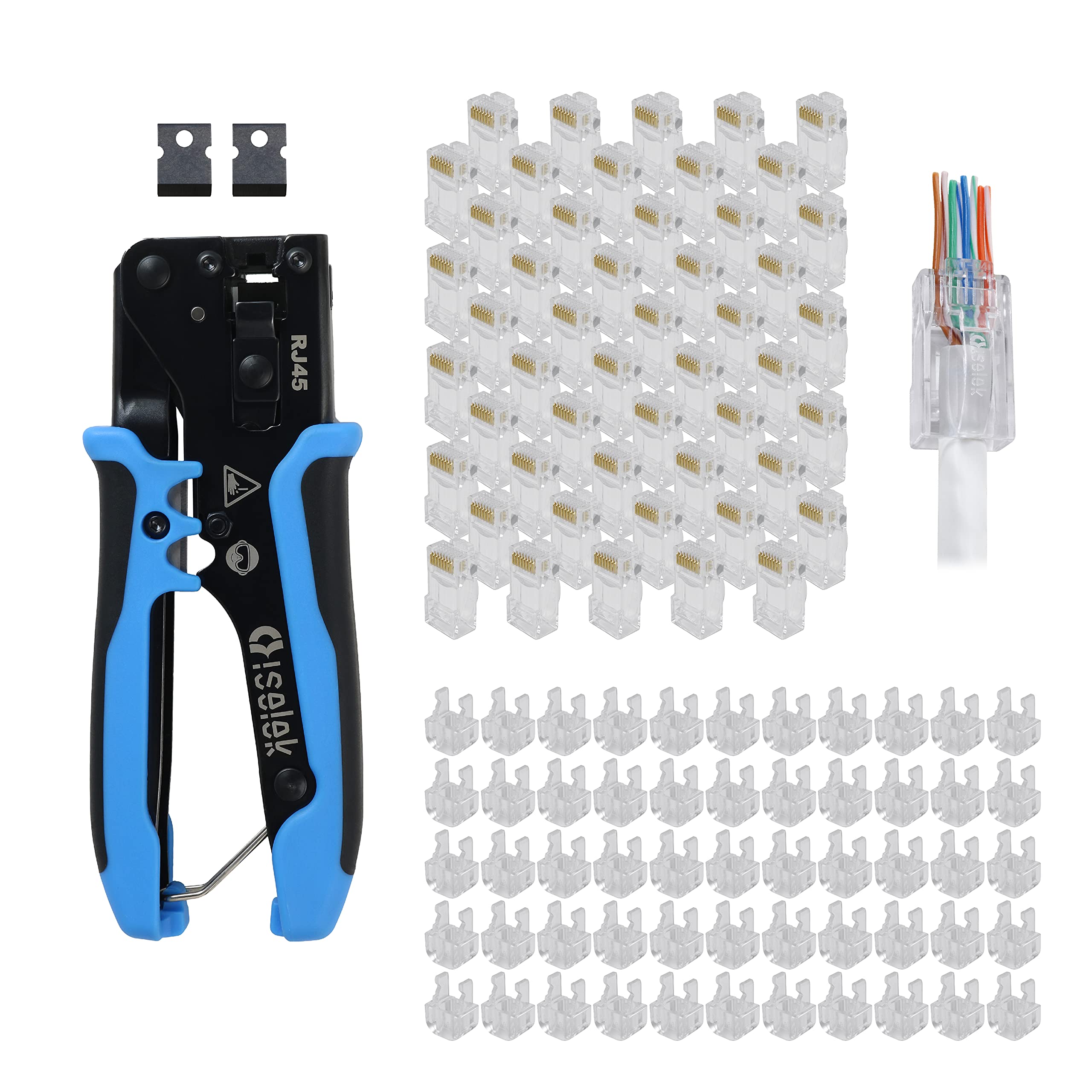 iSelek RJ45 Crimping Tool Set CAT 6 8P8C UTP Pass Thru Connector,Modular Plug CAT 5E, CAT6 Stranded,