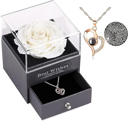 Poshieca Rosa real preservada con collar I Love You, regalo de flor de rosa encantada para esposa, novia, mamá, día de San Valentín, Navidad,