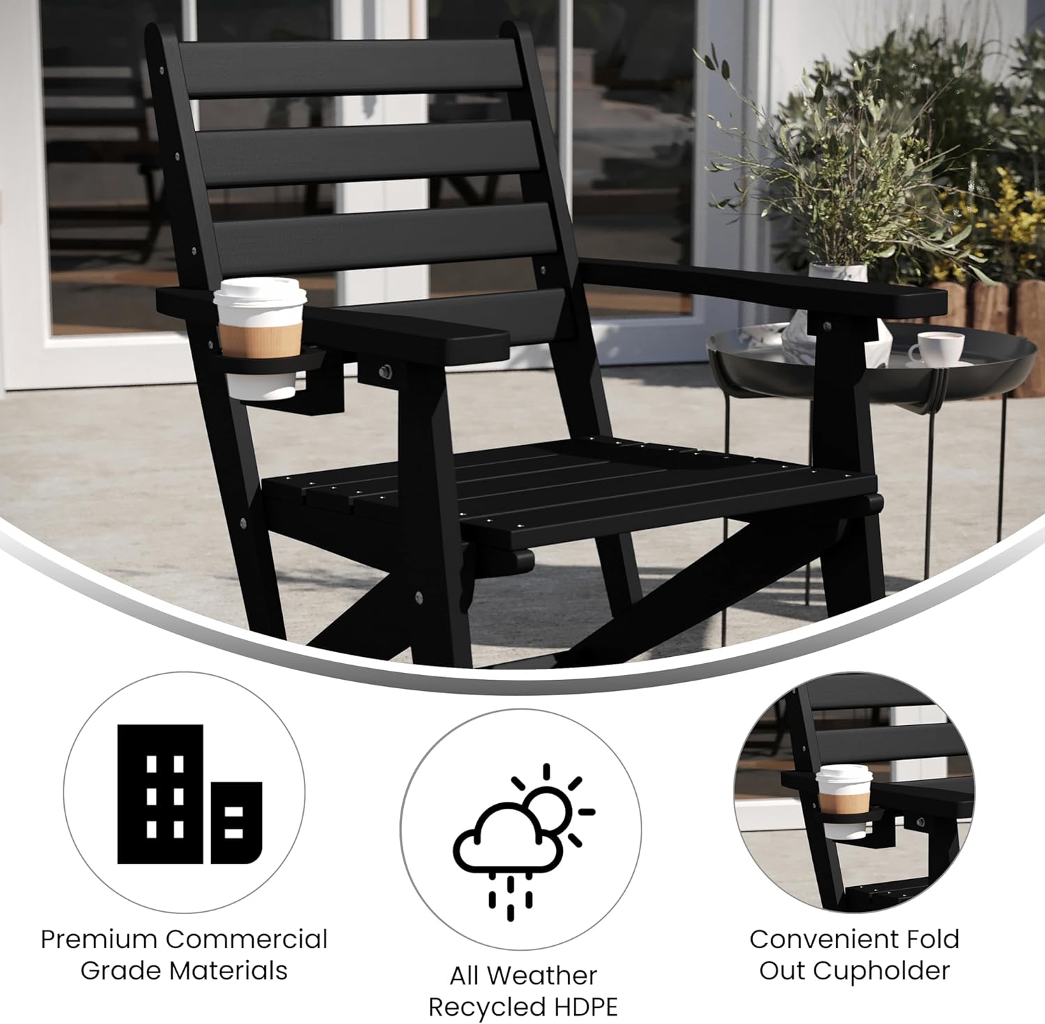 Flash Furniture Tolleson Adirondack Dining Chair with Cup Holder, Commercial Weather Resistant Recycled HDPE Adirondack Chair, Fold Out Cupholder, Black
