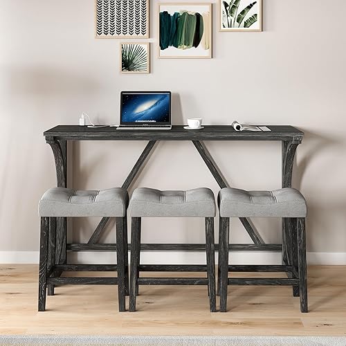 Miniatura 3 de Polibi Juego de comedor de 3 piezas con altura de mostrador de granja juego de mesa de comedor de madera con puerto USB y 2 taburetes tapizados para