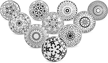 Ajuny Set of 10 Black and White Printed Ceramic Knobs - Decorative Furniture Door Handles & Drawer Handles - for Kitchen, Bathroom, Wardrobe, Dresser & Dresser - Handmade, Vintage Style