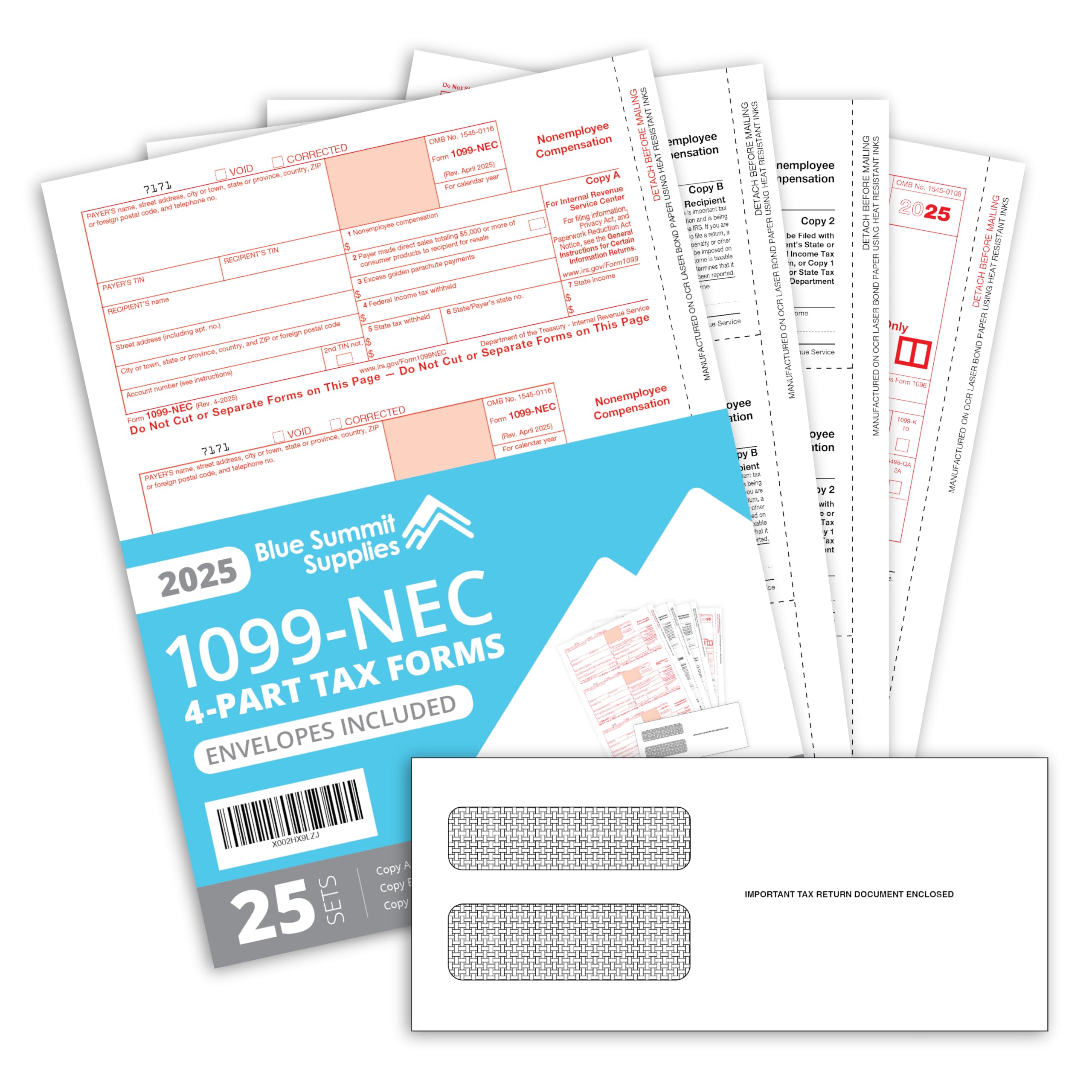 Blue Summit 1099 NEC Forms 2025 with Envelopes, 25 2025 1099 NEC Tax Forms, 4 Part Kit, Compatible with QuickBooks and Accounting Software, 25 Self Seal Envelopes with 3 1096 Included