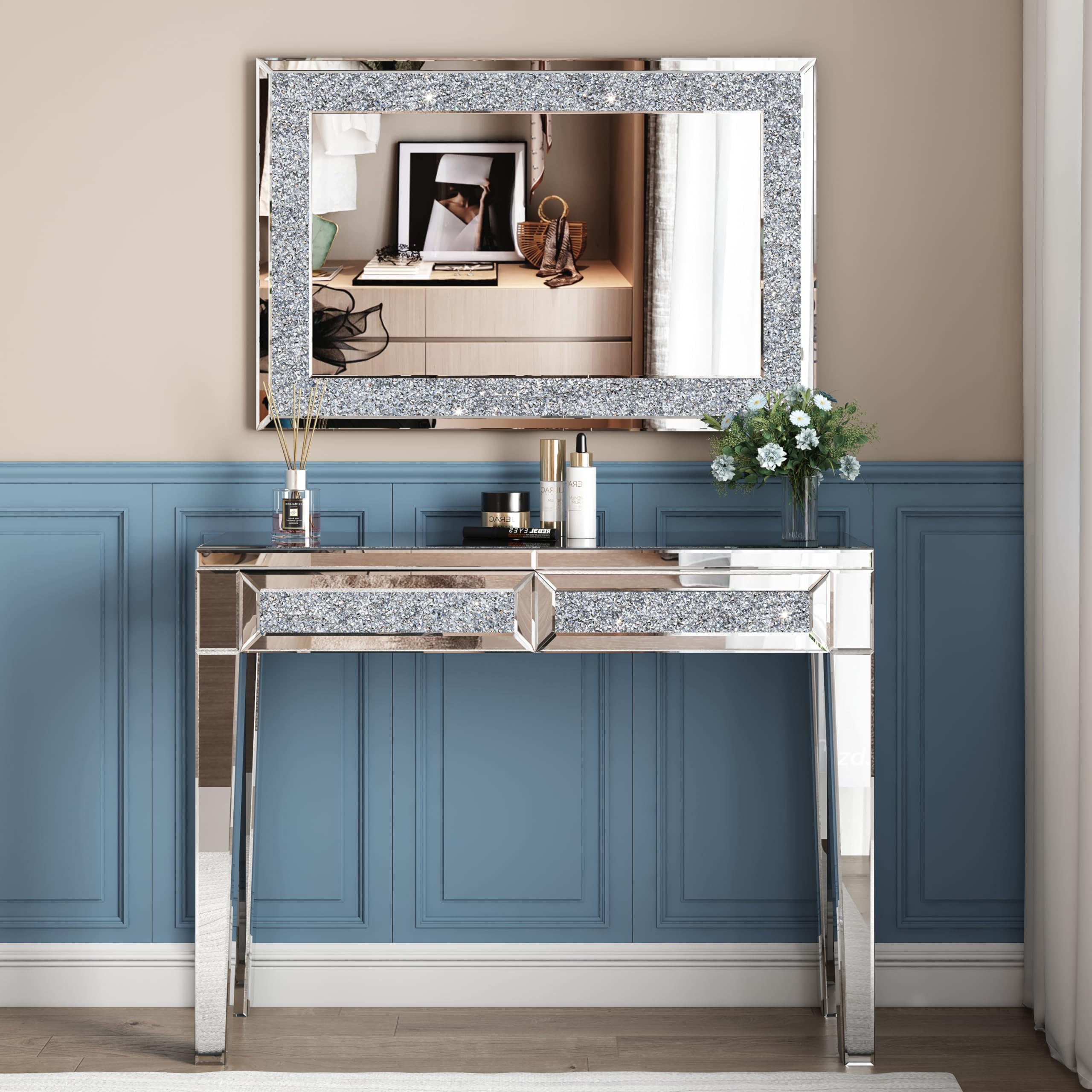 SHYFOY Specchio da Parete Rettangolare | Specchio Decorativo da Parete con Decoro Diamante in Cristallo | Specchio Grande e Lussuoso per Bagno Soggiorno Camera da letto Ingresso | 90 x 60 cm |
