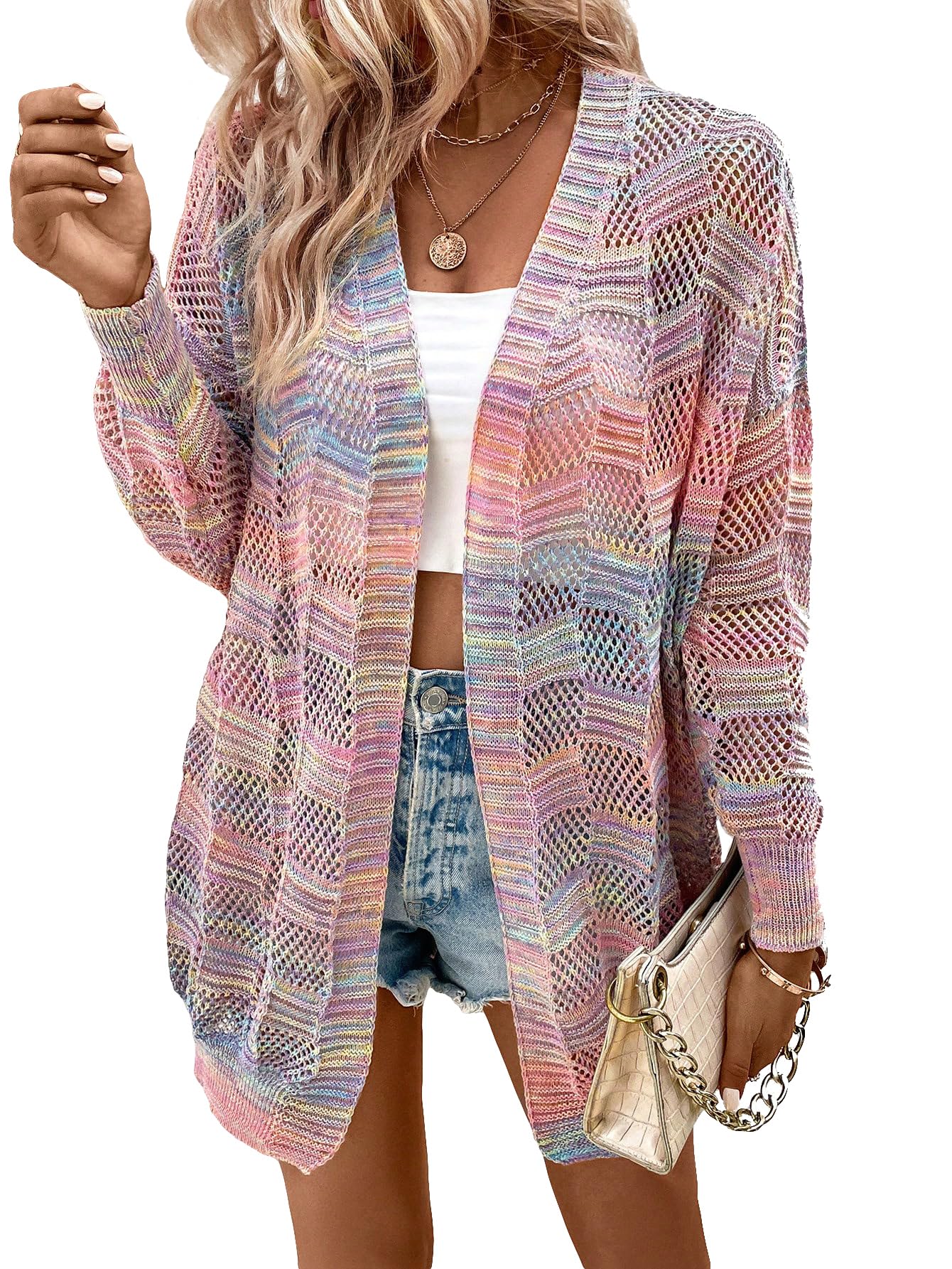 SHENHE Womens Crochet Lightweight Tie-dye Cardigan Loose Hollow Out Fall Knit Sweaters