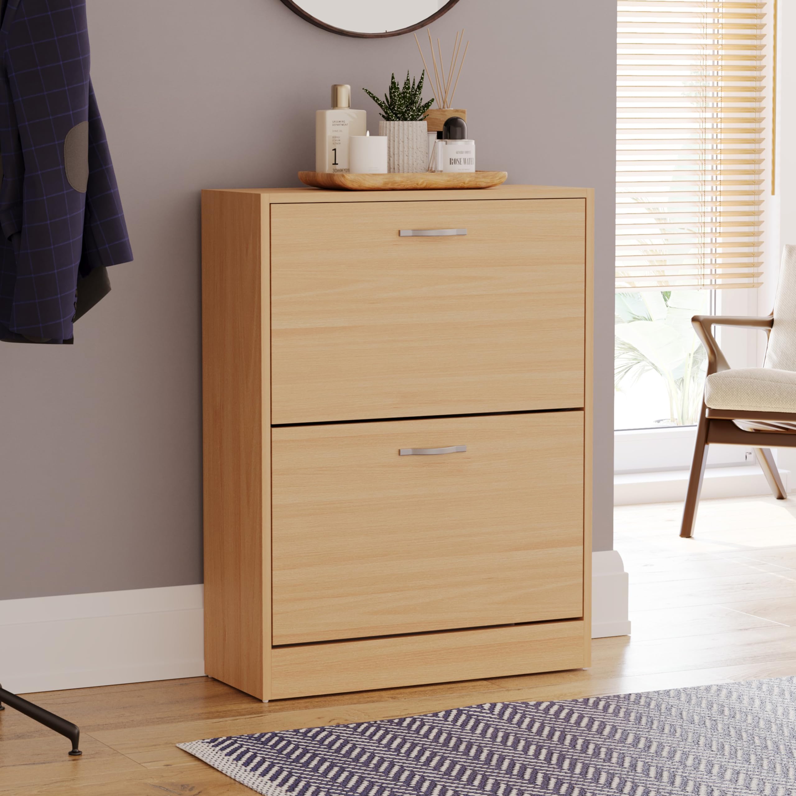 2 Drawer Shoe Cabinet Cupboard Shoe Storage Pull Down Shoe Organisation Storage Organiser Wooden Furniture Unit (Pine)