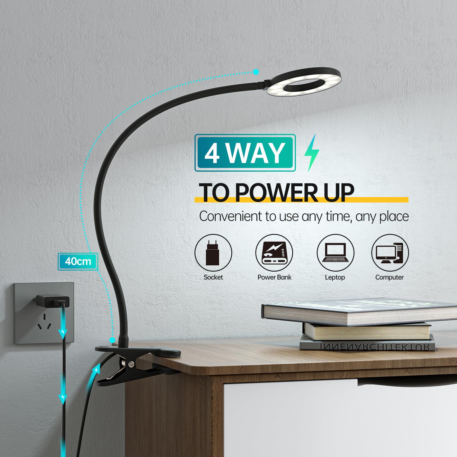 Lampe De Bureau Aisutha à Clip - 40 Cm, 3 Températures De Couleur, 10 Niveaux De Luminosité, Mémoire D'éclairage, Adaptateur CE Inclus