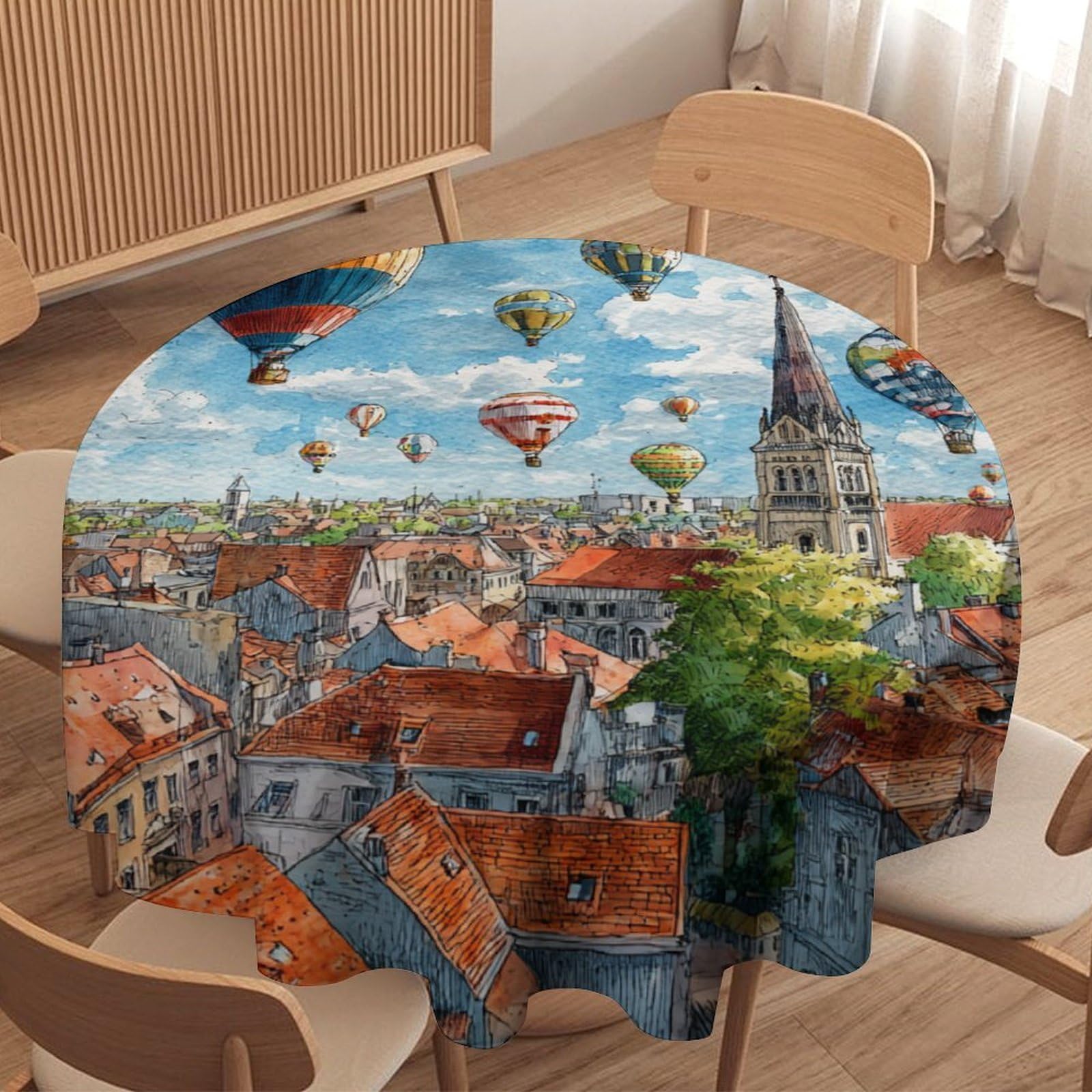 LUYYSKY Retro Hot Air Balloon Waterproof Round Tablecloth Modern Elegant European House Italian Country Pattern Washable Table Cover for Kitchen-127 Wx127 L cm