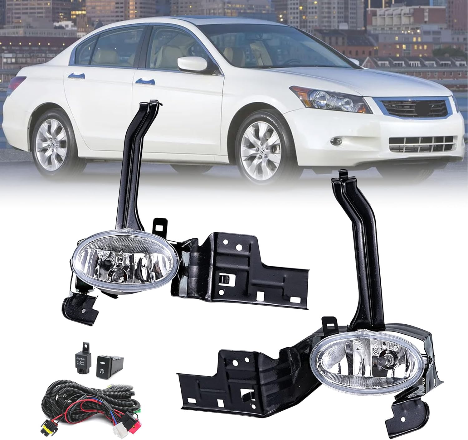 Fog Lights Assembly For 2008-2010 Honda Accord Sedan |Driving Fog Lights Lamps Clear Lens | With H11 12V 35W Halogen Bulbs & Wiring Harness Kit