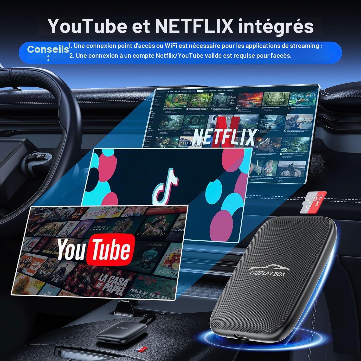 Adaptateur sans fil 5-en-1 CarPlay et Android Auto,Adaptateur CarPlay sans fil avec Netflix, YouTube et carte TF,Plug & Play,Magic Video Ai Box pour véhicules équipés d'Apple CarPlay filaire d'origine