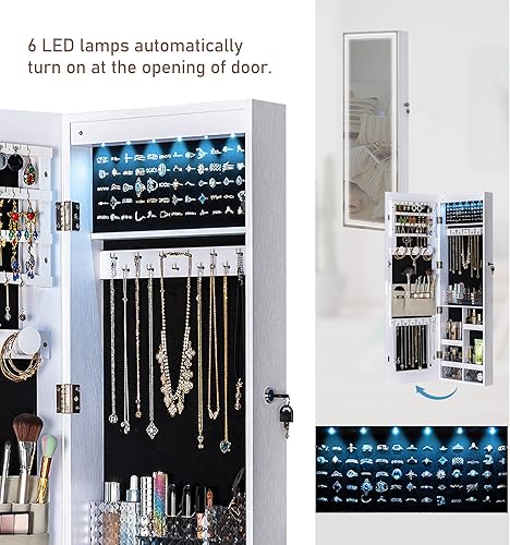 Miniatura 4 de Tektalk Armario de joyería con 3 lámparas de espejo de ranura espejo de longitud completa organizador de armario de joyería montado en la pared con