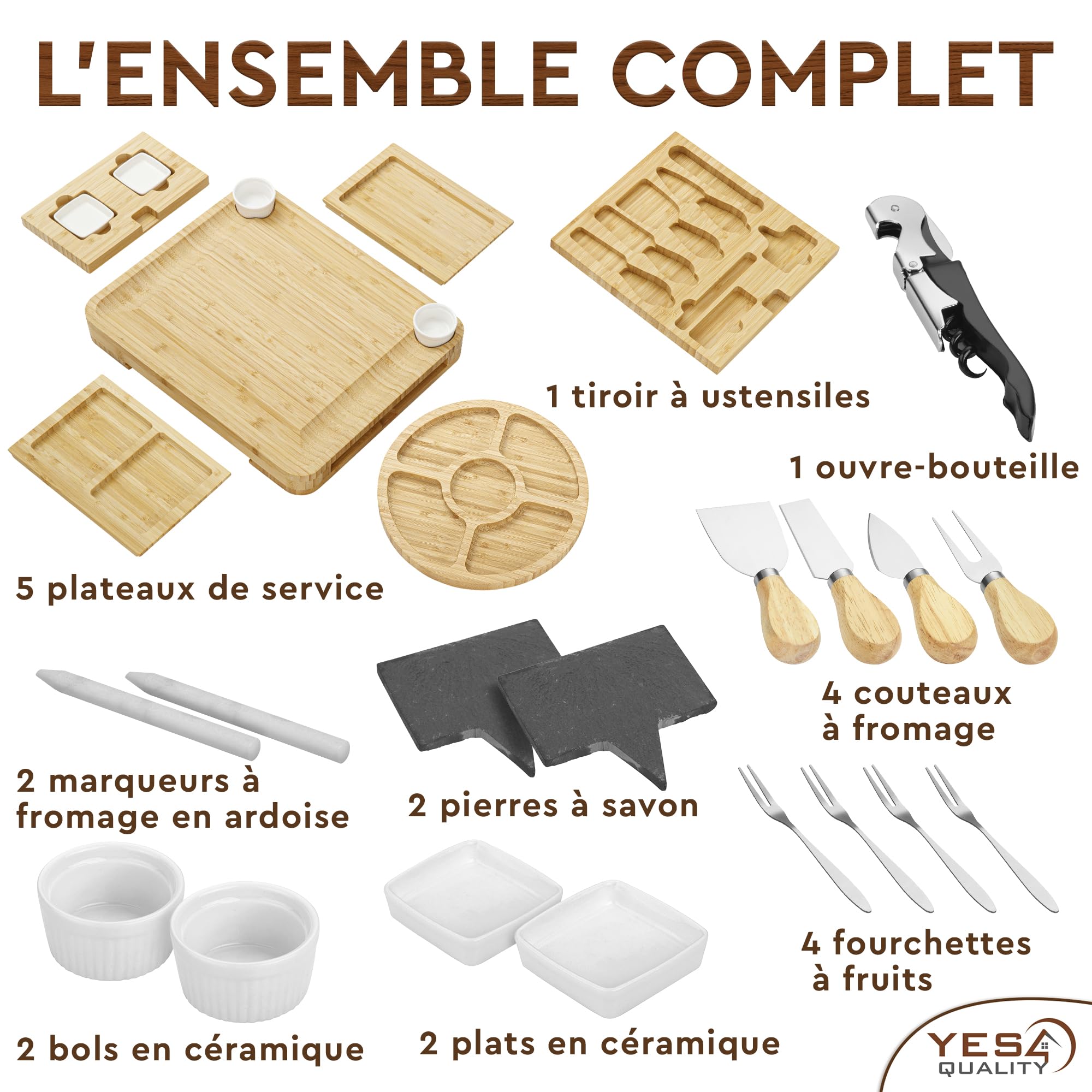 Coffret cadeau premium de planches à charcuterie - 23 pièces, bambou - Grande planche à fromage + plateau pour la fête des Mères, un anniversaire, une pendaison de crémaillère, une fête prénuptiale
