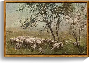 crmotu Vintage Framed Wall Art, Animal Landscape Canvas Prints, Prairie Sheep Rustic Farmhouse Decor Pictures, French Country Retro Paintings Wall Decor Living Room Bedroom Bathroom Kitchen 20x30in