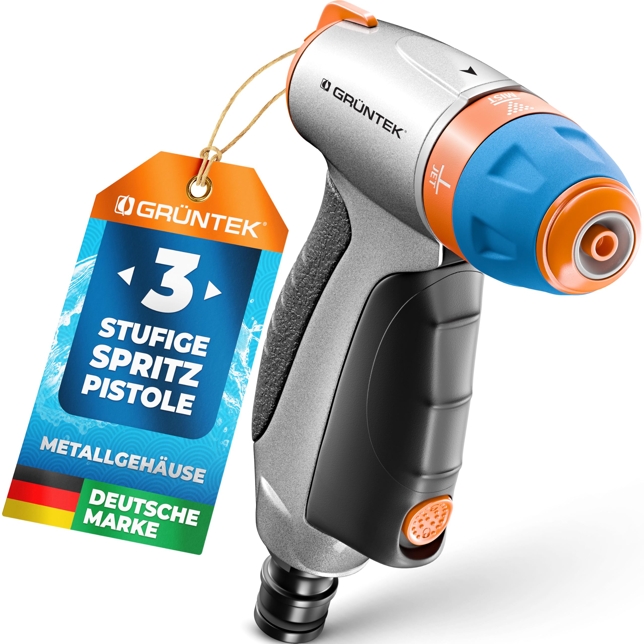 GRÜNTEK Adjustable Spray Gun with 3 Nozzles, Garden Sprayer, Metal Garden Shower. Adjustable Hand Shower for Garden, Car Washing and Home, Shockproof and Lightweight, Practical Shower Head