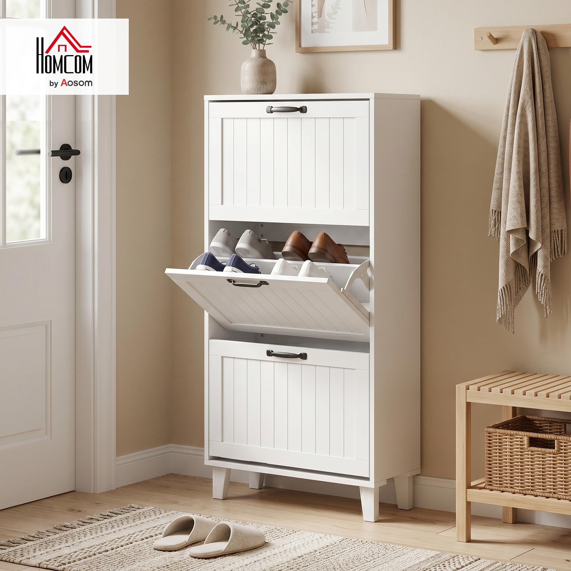HOMCOM Scarpiera Salvaspazio Slim con 3 Ante a Ribalta 60x24x118cm Bianco | Scarpiera Ingresso, Ripiani Regolabili, Gambe in Bambù, Maniglia, Porta Scarpe per 15-18 Paia, per Ingresso Corridoio