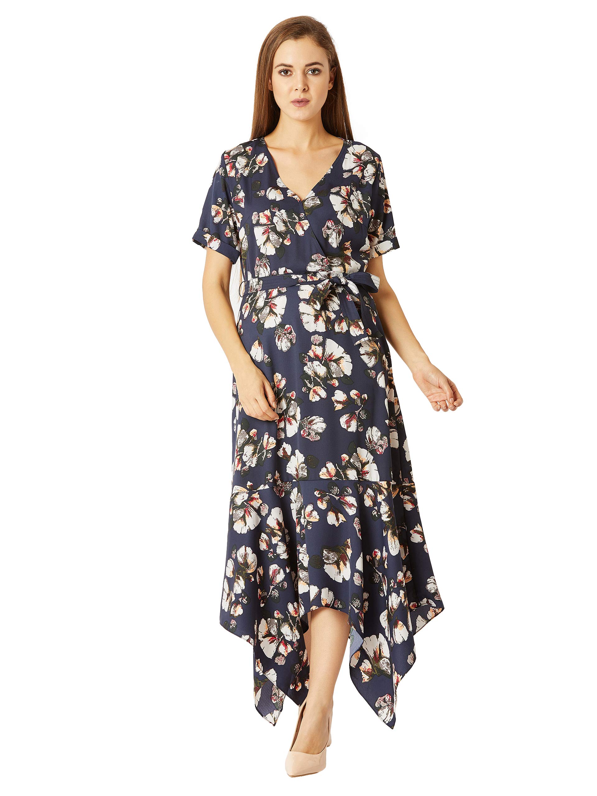 Miss Chase Women's Crepe Wrap Dress(Mcaw18D12-10-178-03,Multicolor-Base Navy Blue,Small)