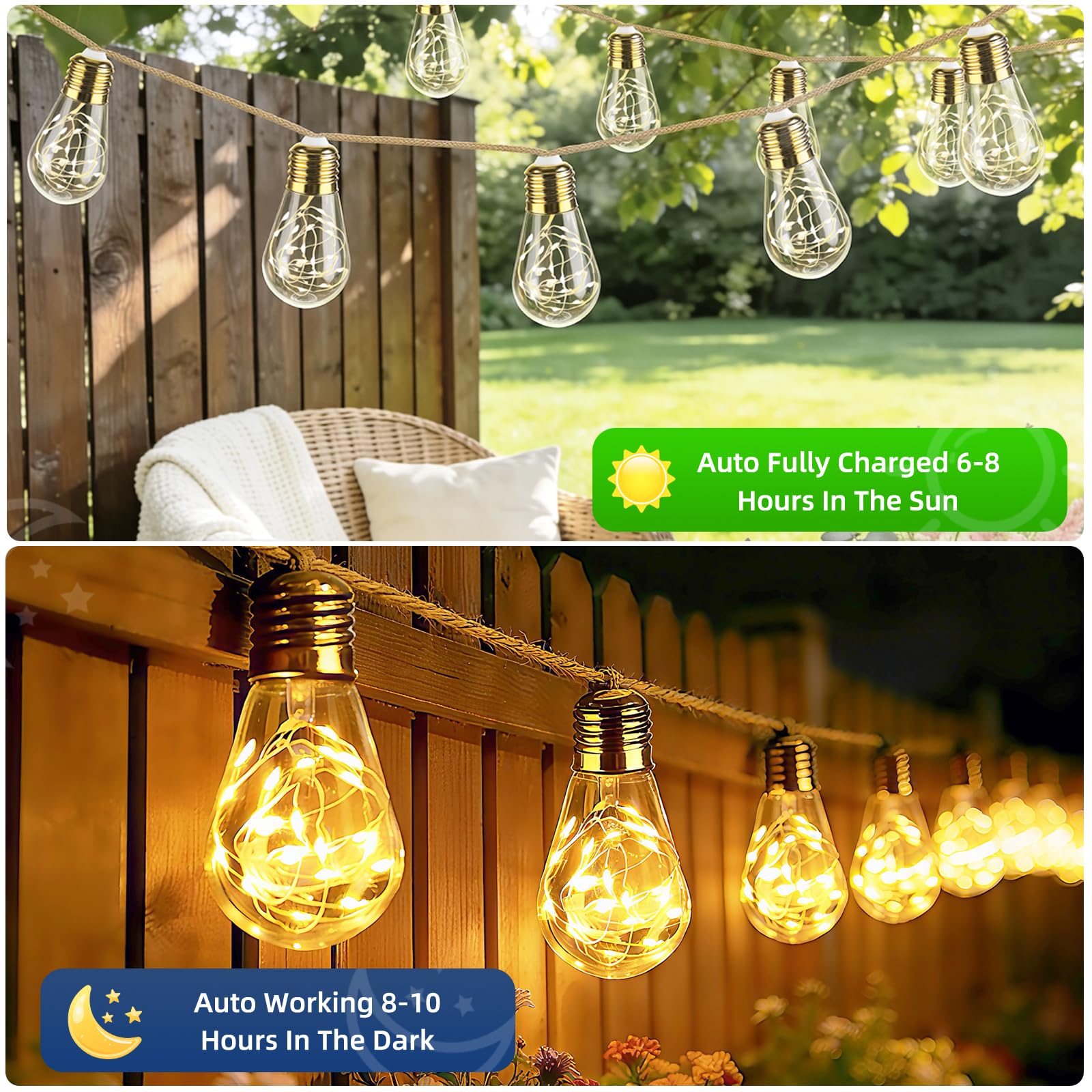 8M Guirnaldas Luces Exterior Solar con Control Remoto, con 16 LED Bombillas, Blanco Cálido, 8 Modos/Impermeables/Regulable/Sincronización, Cadena de Luce para Jardines Terraza, Fiestas, Bodas