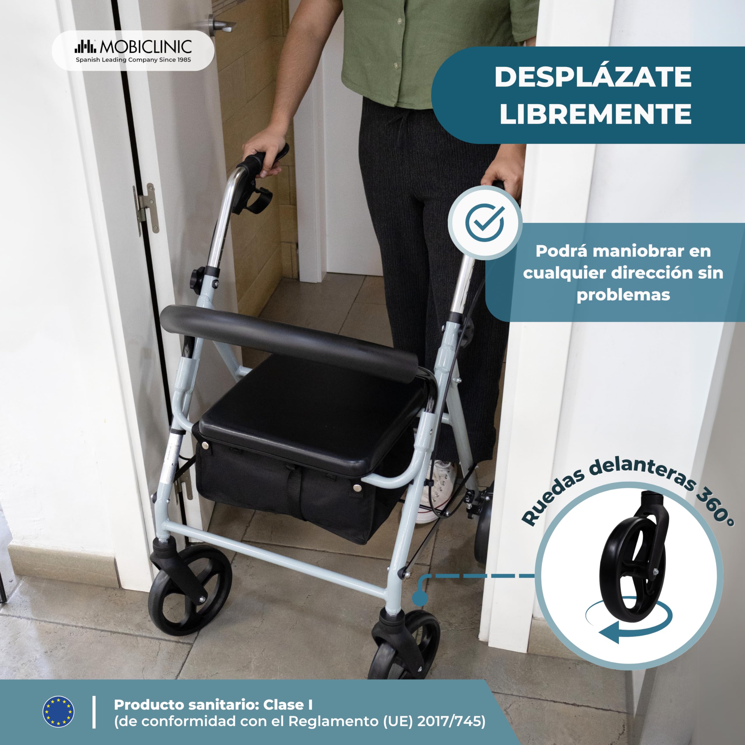 Mobiclinic®, Andador para ancianos, Ruedas grandes calle, Plegable, Con cesta de tela y asiento, Fabricado en aluminio, Ligero, Resistente, Freno manetas, Marca española, Modelo sofía, Gris