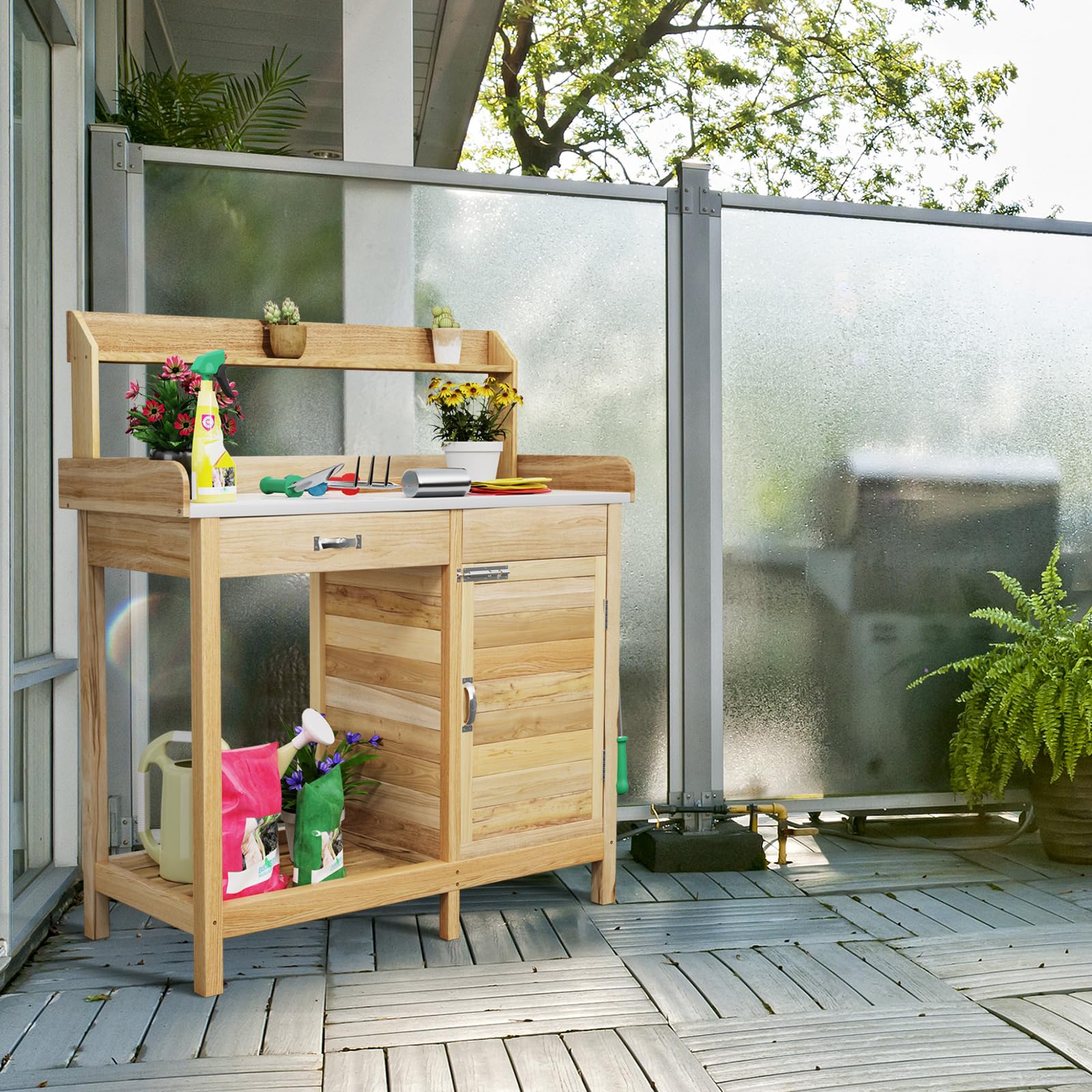 GOPLUS Mesa de Jardinería de Madera de Abeto, Mesa de Plantación con Cajón, Estante Abierto y 3 Ganchos, Banco de Trabajo para Jardín Exterior, Terraza, Patio, 112 x 46 x 125 cm, Natural