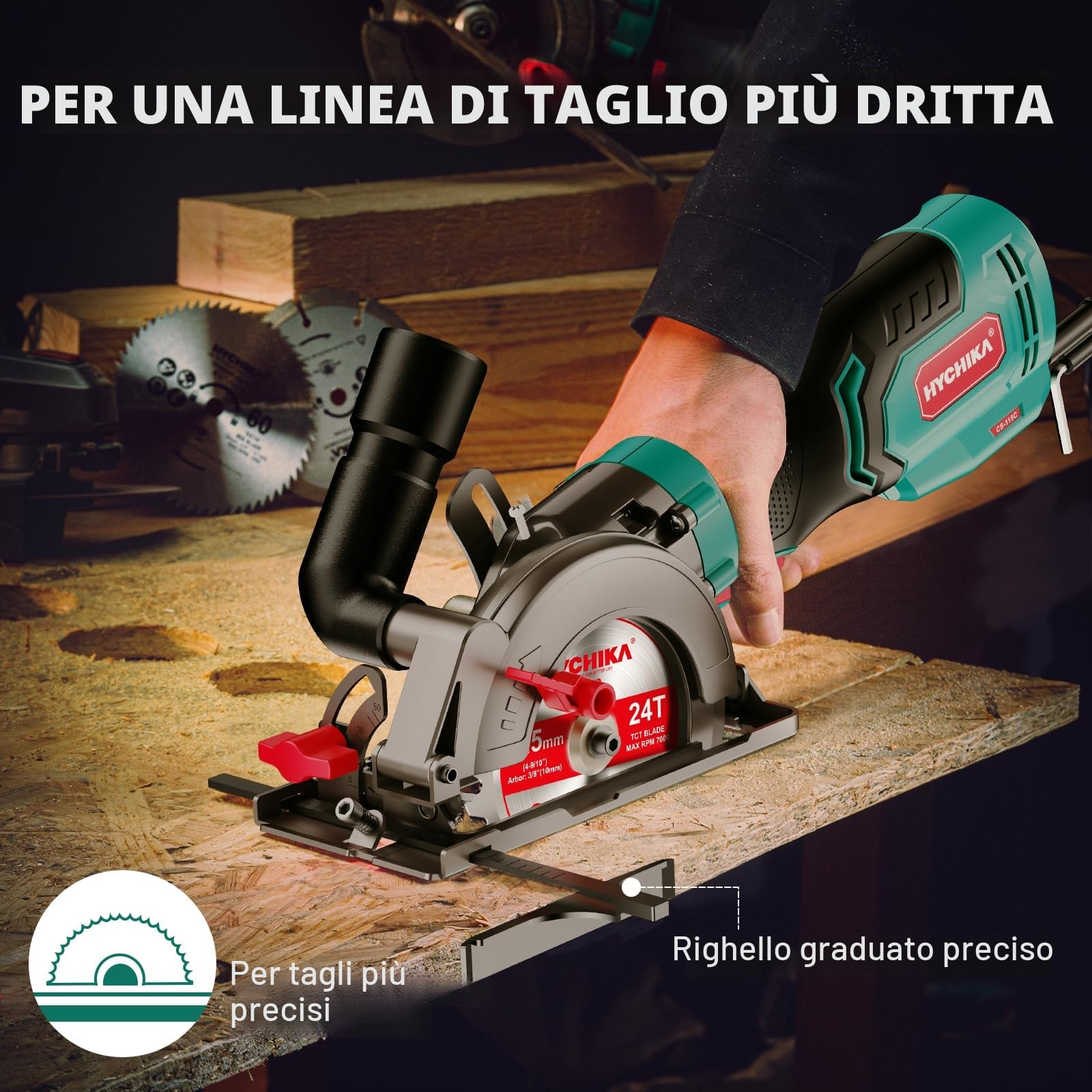 HYCHIKA Sega Circolare a Mano, Mini Sega Circolare 750W 3500 giri/min con Borsa da Trasporto, 3 Lame da Sega 115+125mm, Guida Parallela, Profondità di Taglio 48mm, per Legno, Metallo Dolce, Plastica
