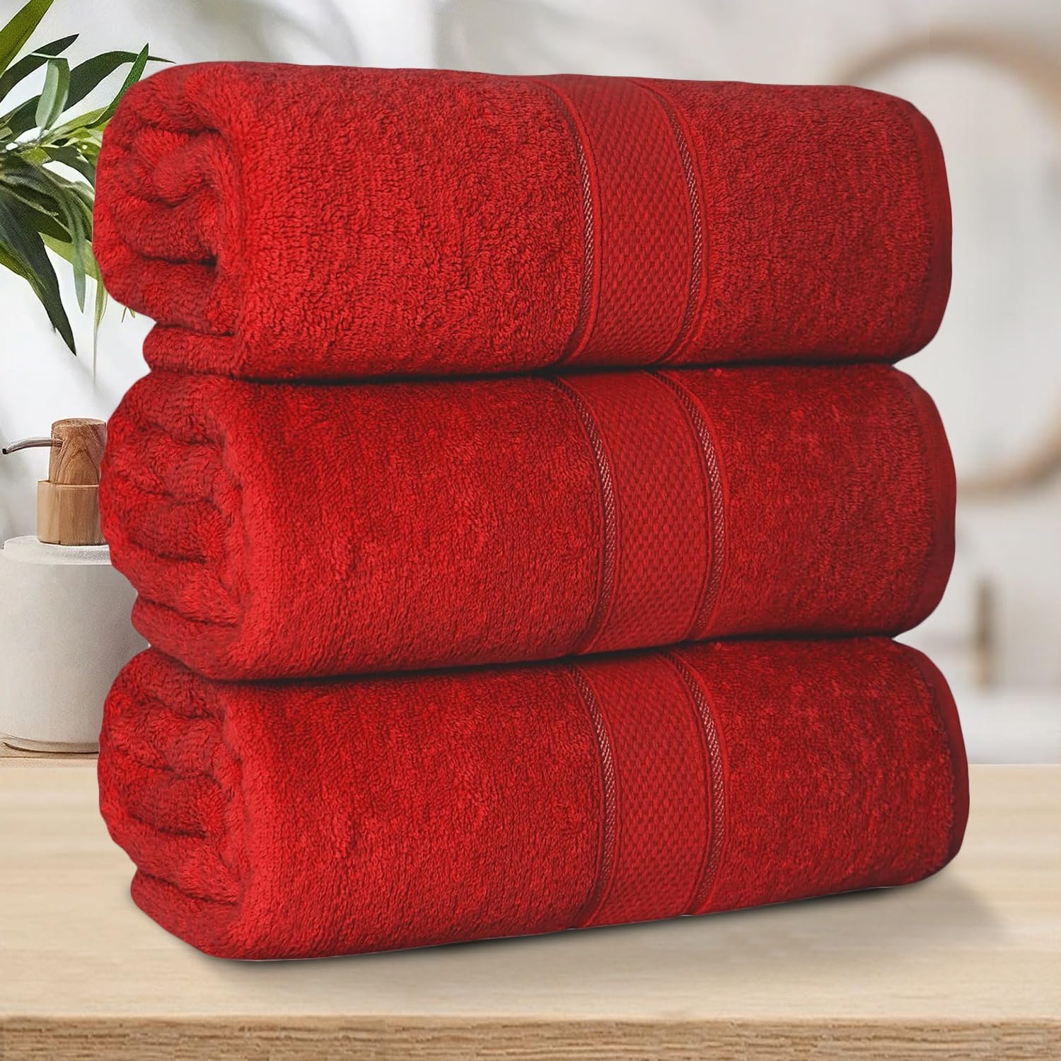 ZZZMRH 3 Pack Luxury Bath Sheets towels (90 x 180 cm) - 100% Egyptian Cotton Soft Absorbent Quick Dry Extra Large Bath Sheet โ Super Soft Hotel Quality Towels, Red