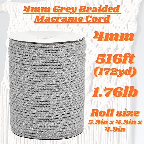 Miniatura 2 de CAQUBO Cordón trenzado de macramé de 0.157 in x 172 yardas, color gris, cuerda trenzada natural de algodón, cuerda trenzada para manualidades,