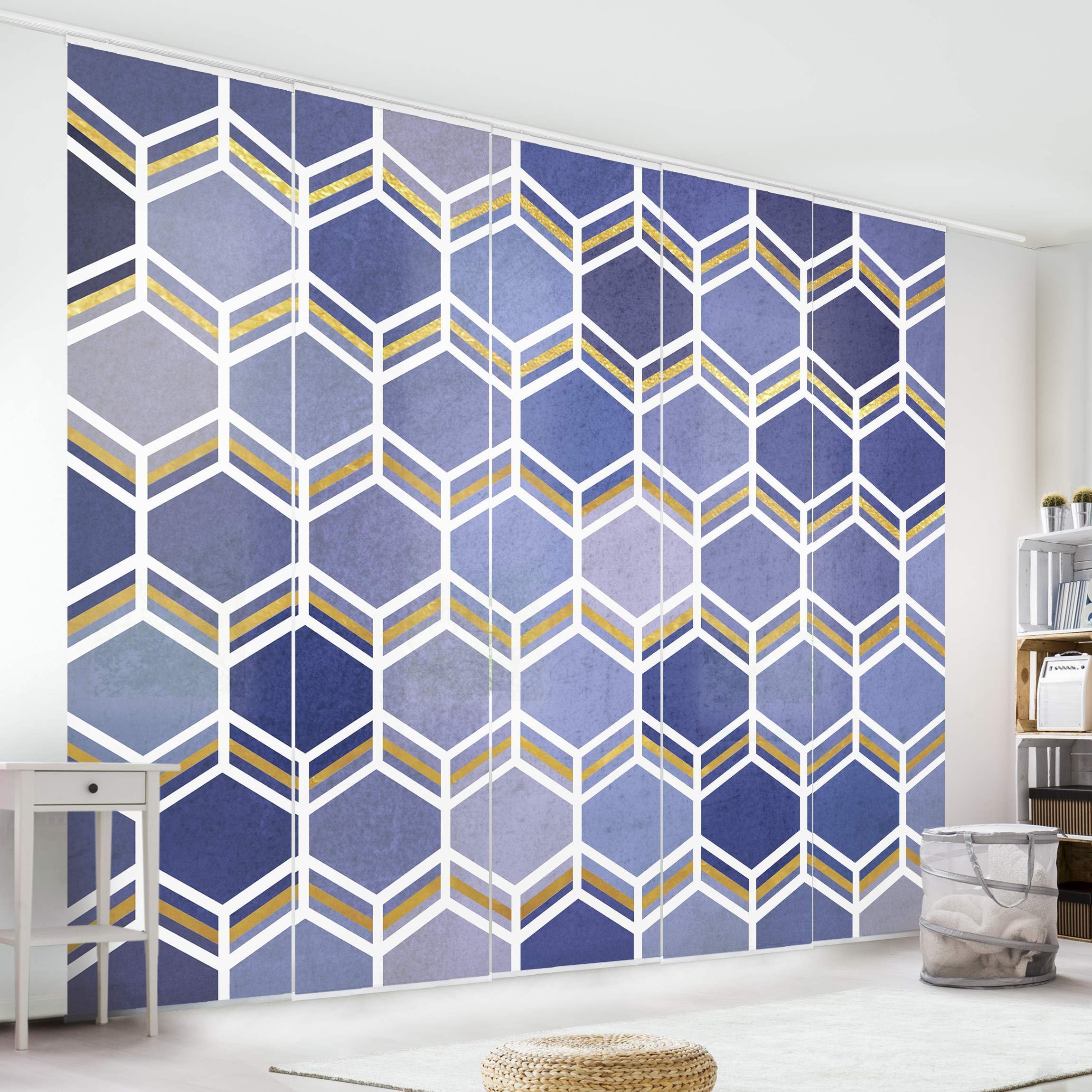 Schiebegardine halbtransparent 60er Paneel Klett Muster Textil lichtdurchlässig - Geometrisch Aquarell Flächenvorhang blau Wohnzimmer Schlafzimmer 2368 (300x250 cm - 5er Set)