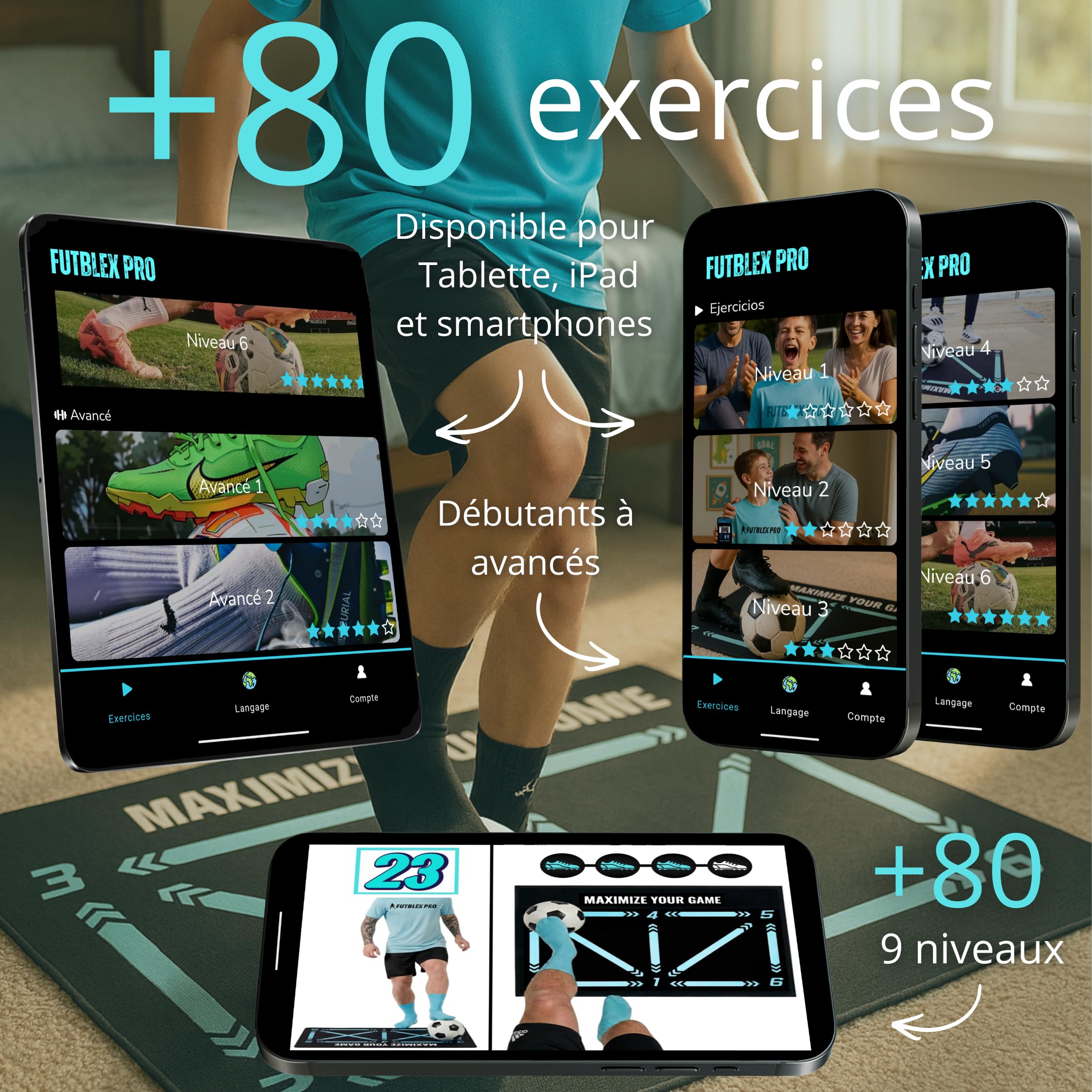 Tapis Entrainement Foot – Inclut une Application d’Entraînement avec Vidéos Interactives et Programmes Progressifs + Chaussettes Antidérapantes, Sac de Transport et Boîte Premium pour Cadeau