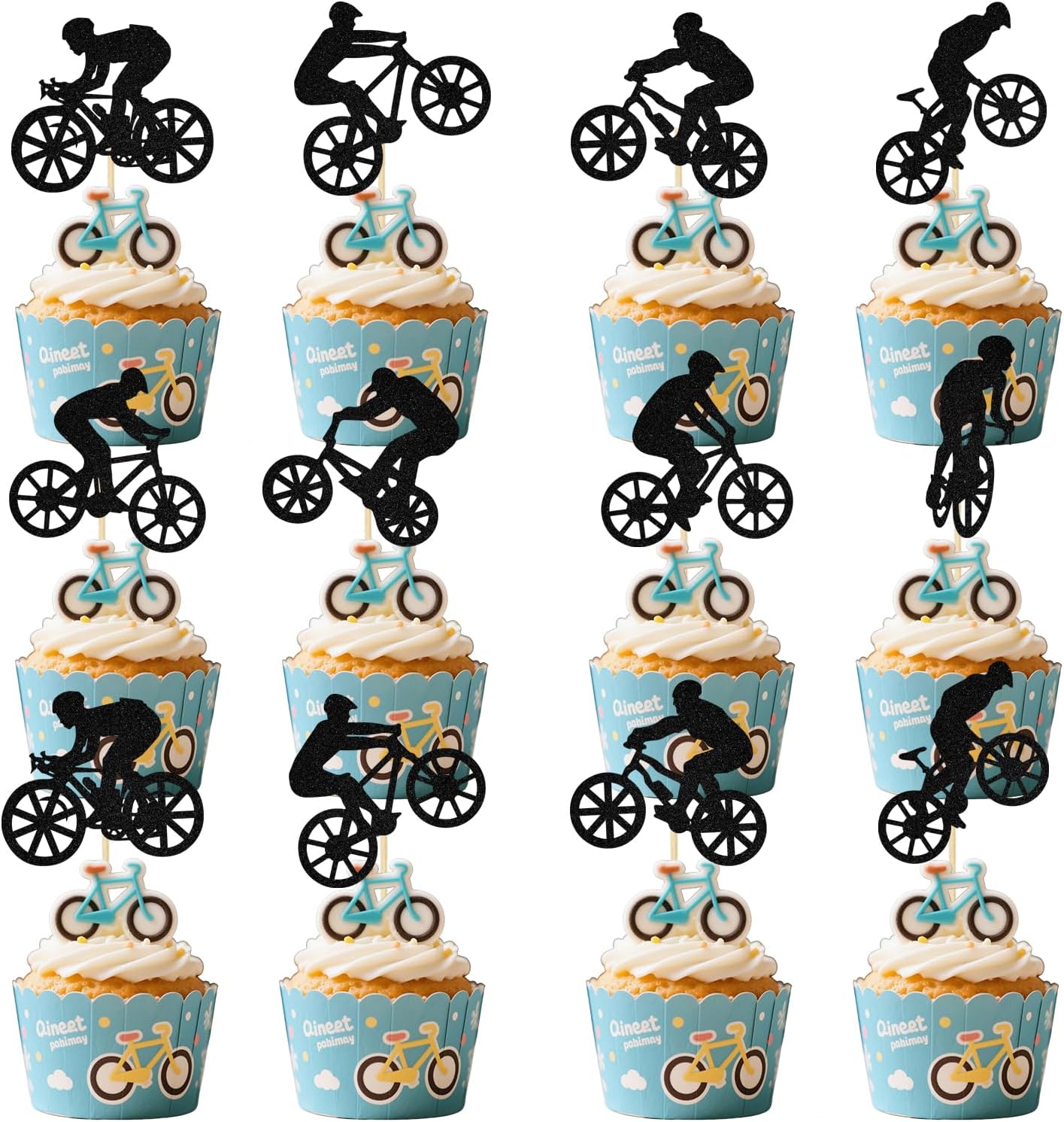 24Pcs Bike Cupcake Topper Bicycle Cupcake Topper Mountain Bike Birthday Party Decoration Sport Theme Birthday Bachelorette Party Supplies Double-Side Black Glitter