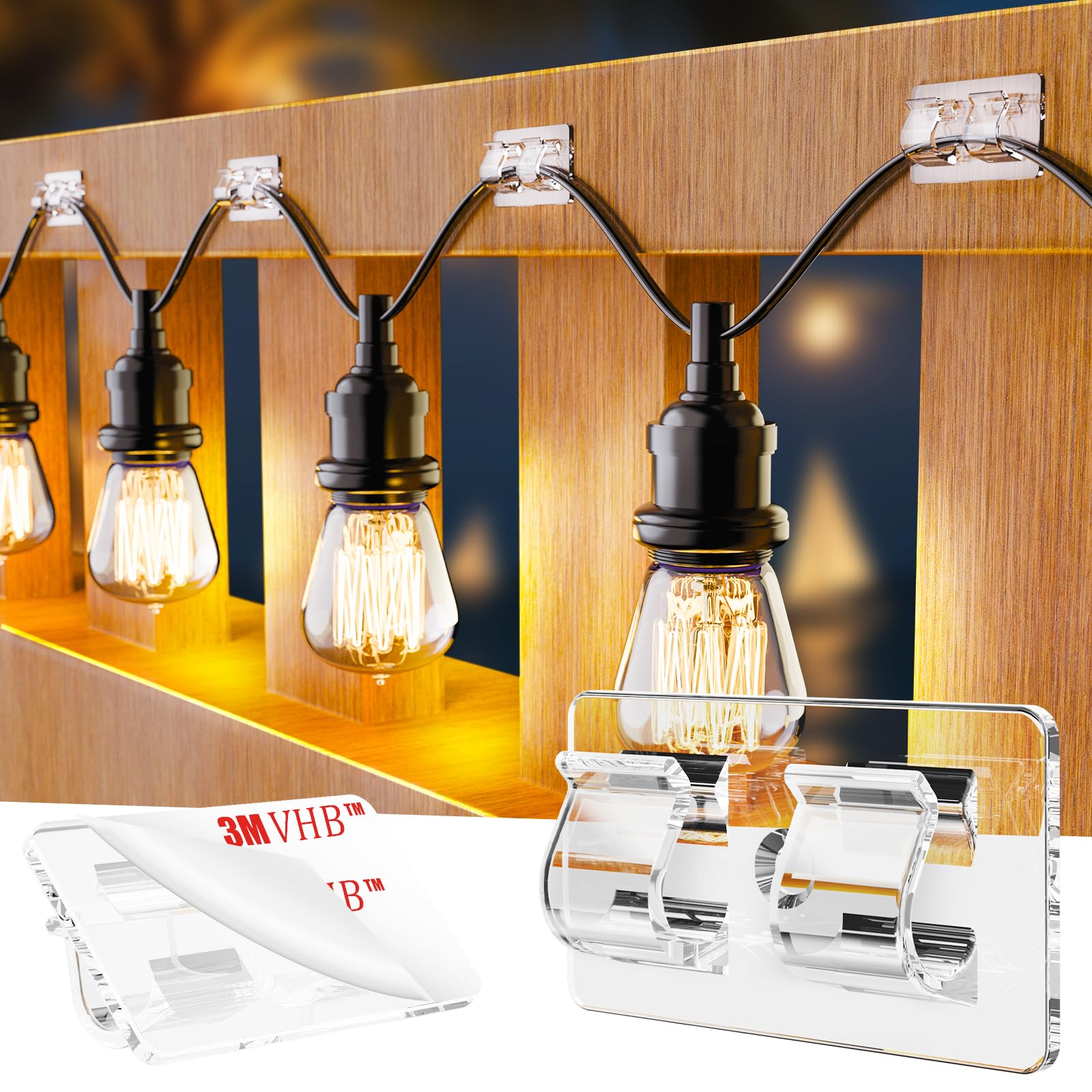 30 PCS Hooks for Outdoor String Lights, Heavy Duty Christmas Light Clips, Clear Adhesive Hooks for Hanging Rope Lights Outdoor, UV-Resistant String