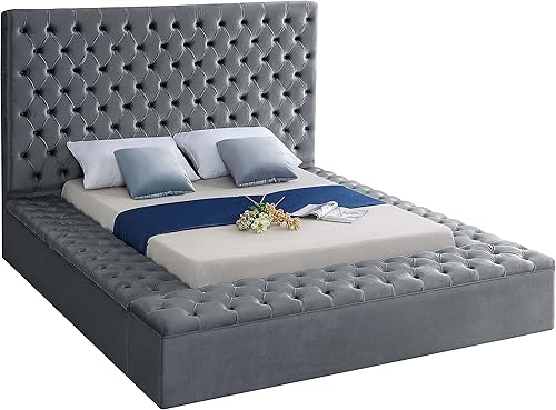 Miniatura 13 de Colección moderna Meridian Furniture Bliss, cama tapizada de terciopelo contemporánea con acolchonamiento de botón profundo y compartimentos de