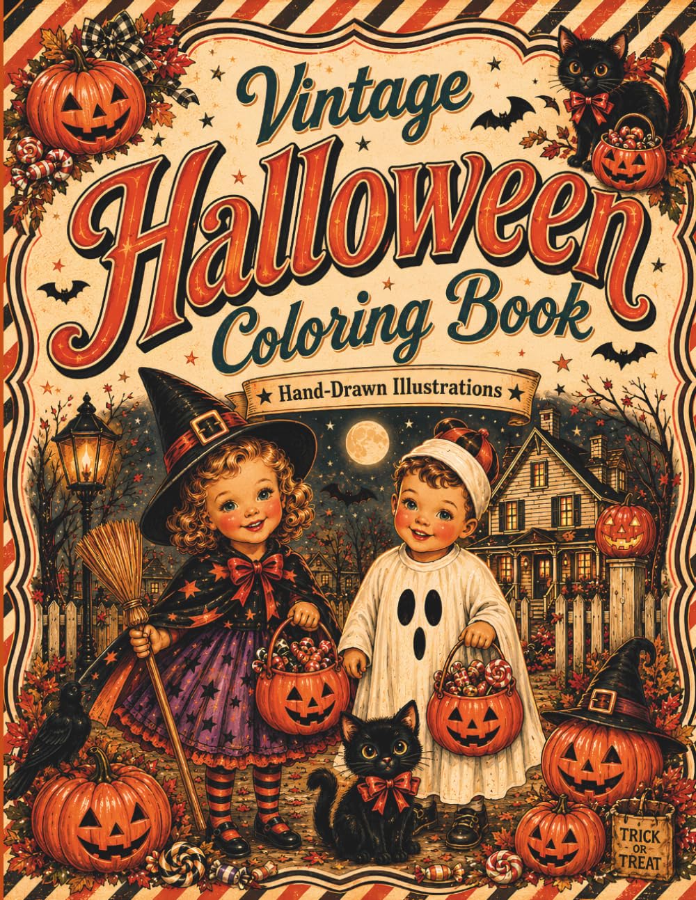 Vintage Halloween Coloring Book: Retro Children in Cozy Costumes with Cats, Pumpkins, and Nostalgic Scenes