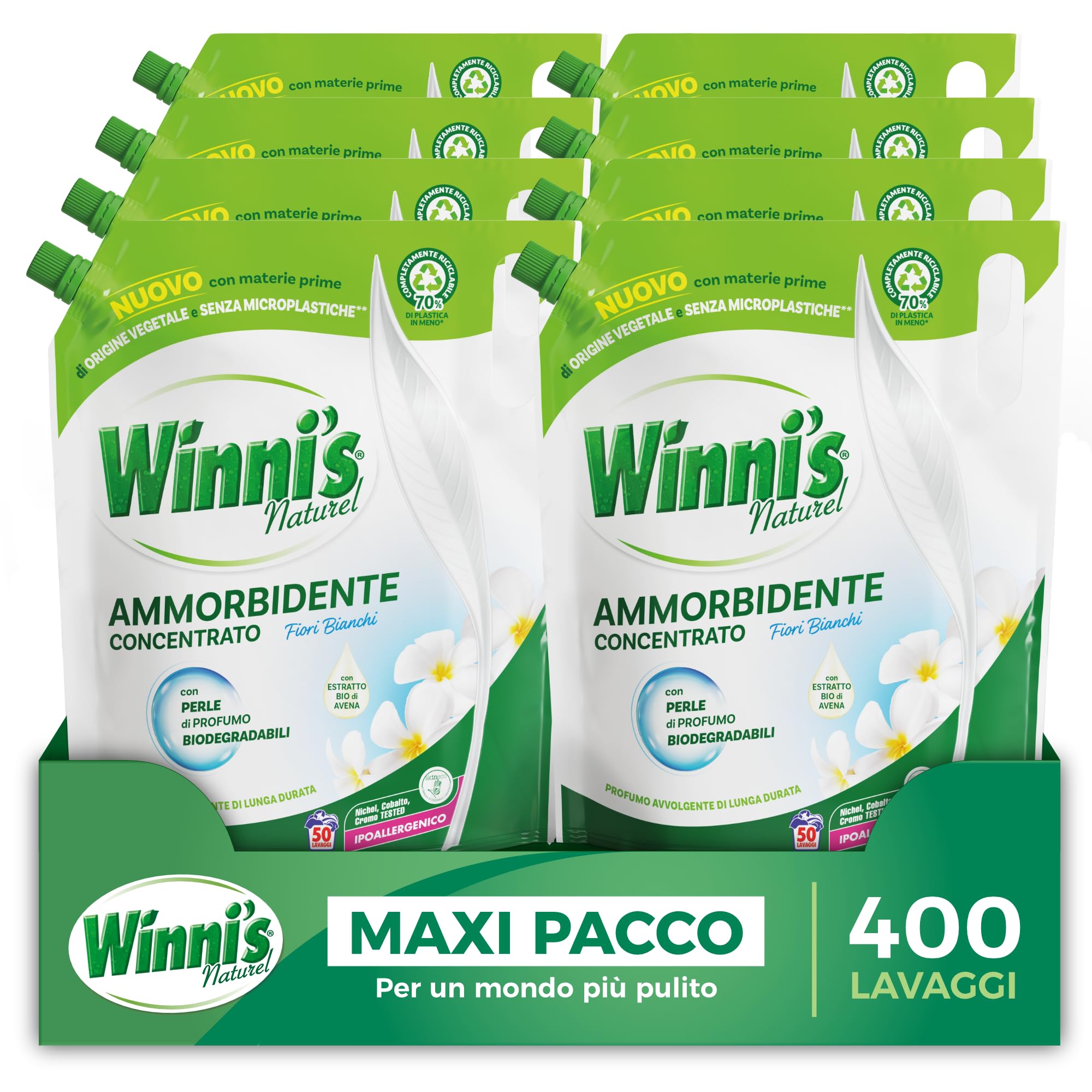 Winni's Hipoalergiczny środek zmiękczający, ekologiczny koncentrat, 400 prań, zapachowe białe kwiaty, z biodegradowalnymi perłami zapachowymi, 1250 ml x 8 opakowań