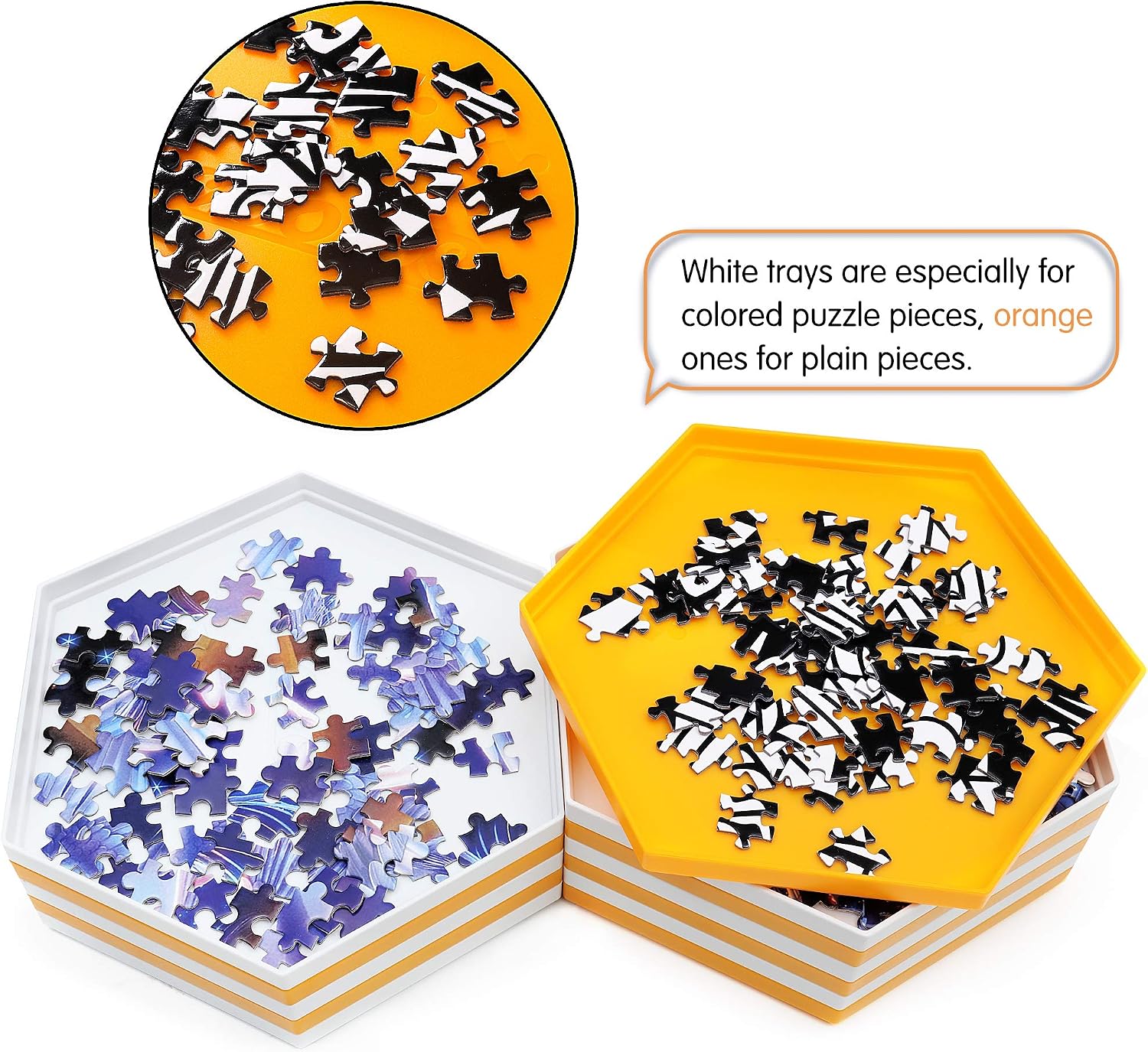 Becko Stackable Puzzle Sorting Trays Jigsaw Puzzle Sorters with Lid Puzzle Accessory for Puzzles Up to 2000 Pieces, 12 Hexagonal Trays in White & Orange