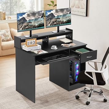 43 inch Computer Desk with Drawers, Home Office Desk with Drawer Keyboard Tray Workstation Laptop Study Table with Shelf Small Writing Desk Black