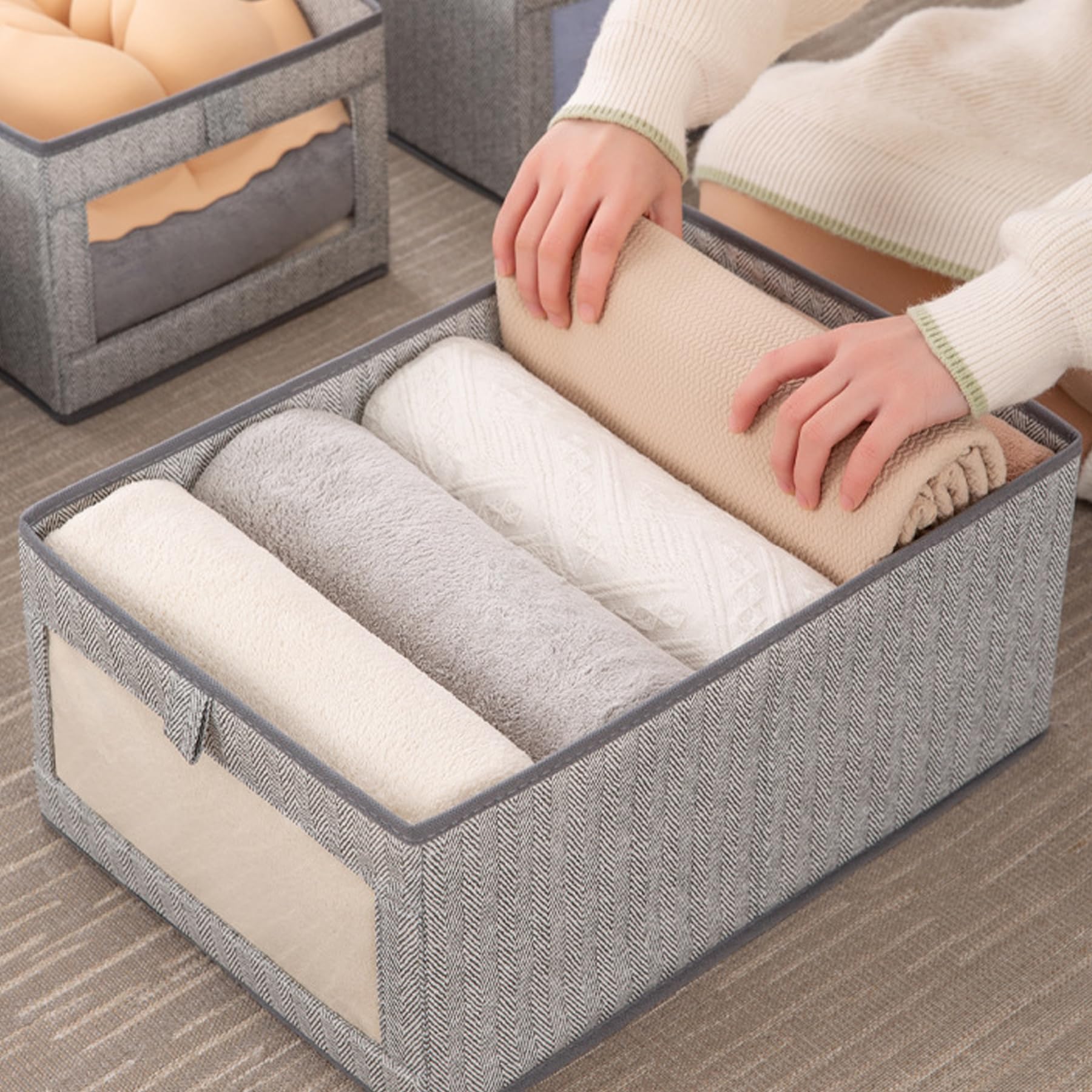 Set di 5 scatole portaoggetti in tessuto, organizer per vestiti, con finestra trasparente, per jeans, pantaloni, camicie, leggings, maglioni, grandi