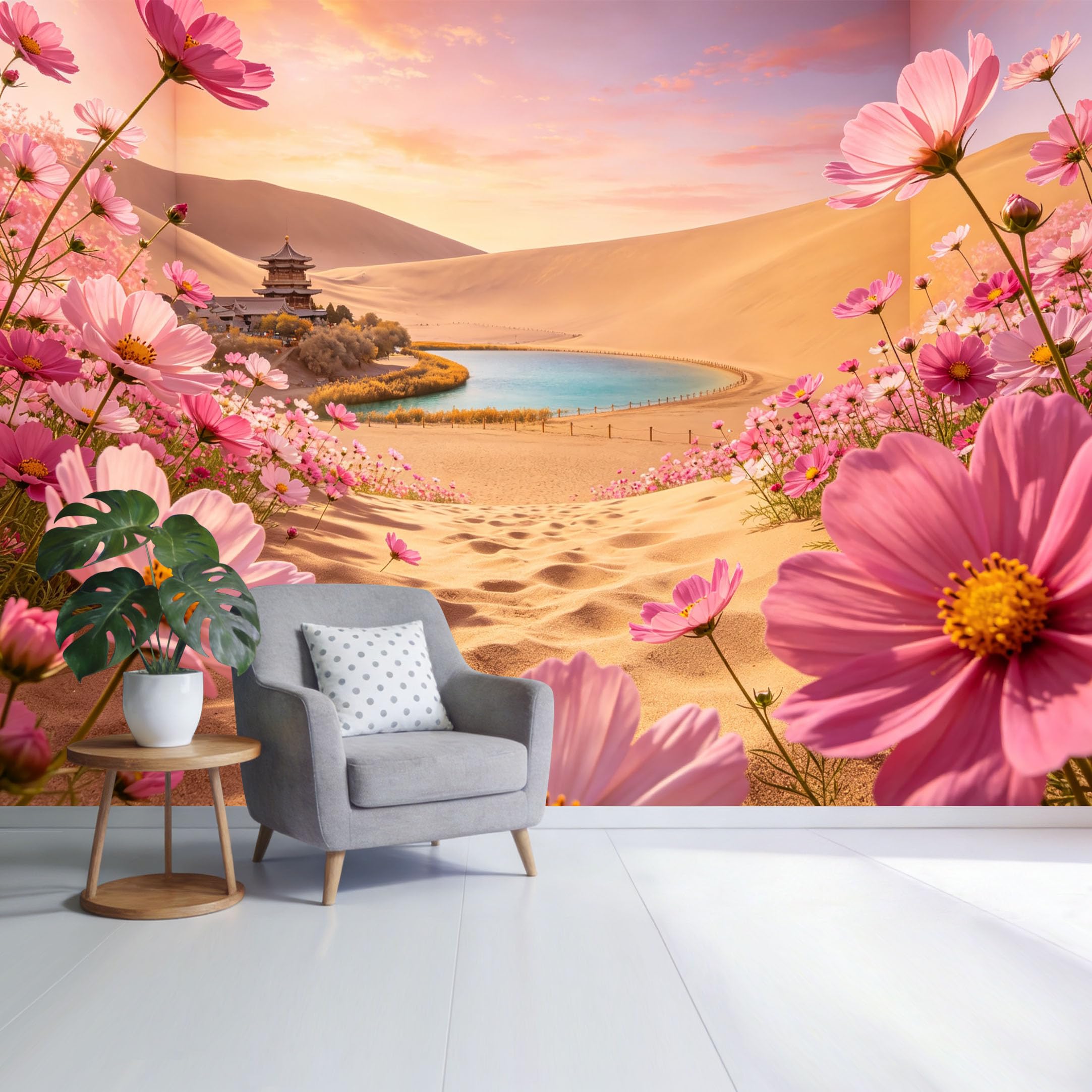 Custom Size Wall Mural Desert Oasis Landscape Pink Cosmos Flowers Lake and Temple Scenery Watercolor Style SelfAdhesive Wall Fabric Removable Wallpaper for Home Office Decor