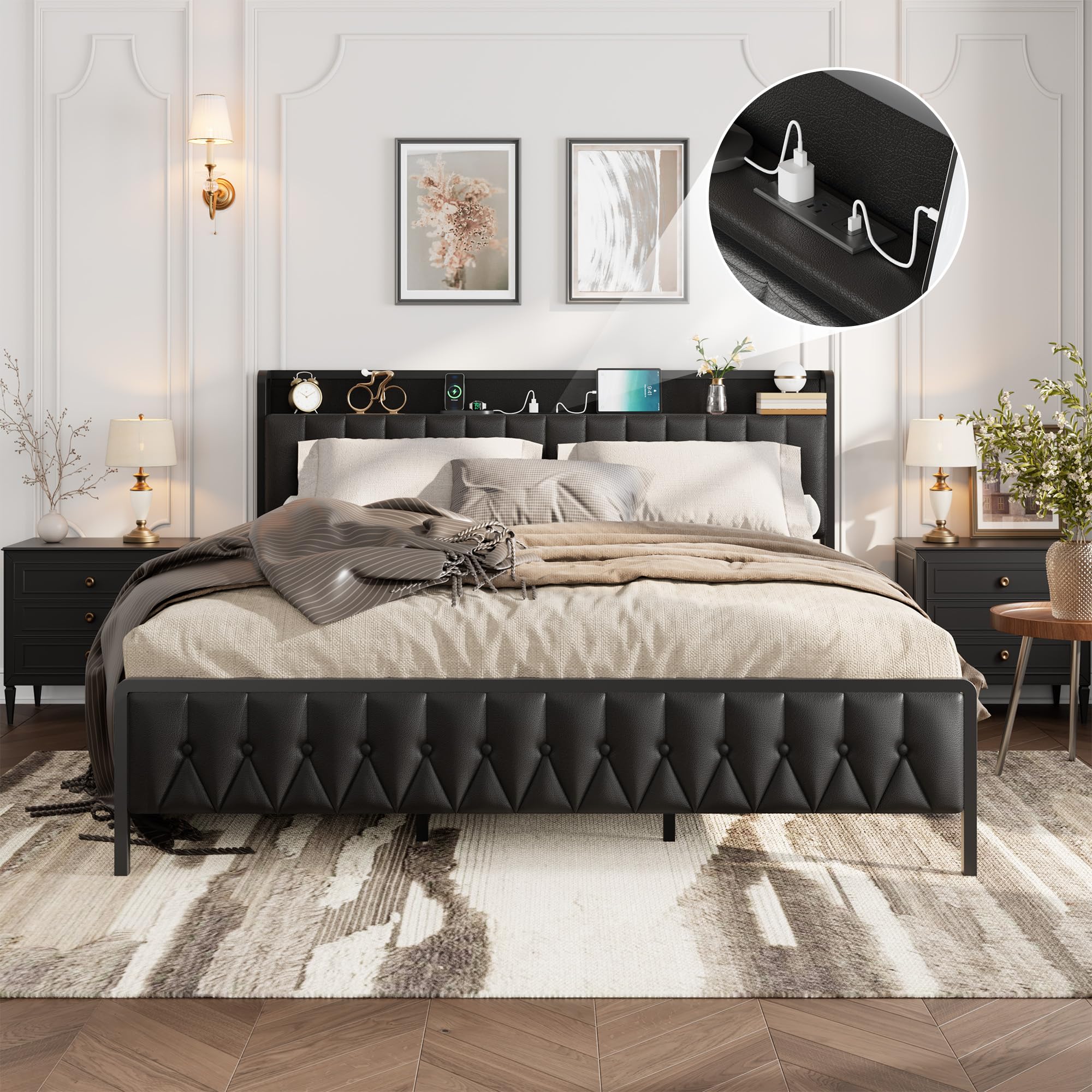 CABIHOME King Bed Frame with PU Faux Leather, Button Headboard with Charging Station, All-Metal Full Platform Bed Frame with Storage, Noise-Free, No