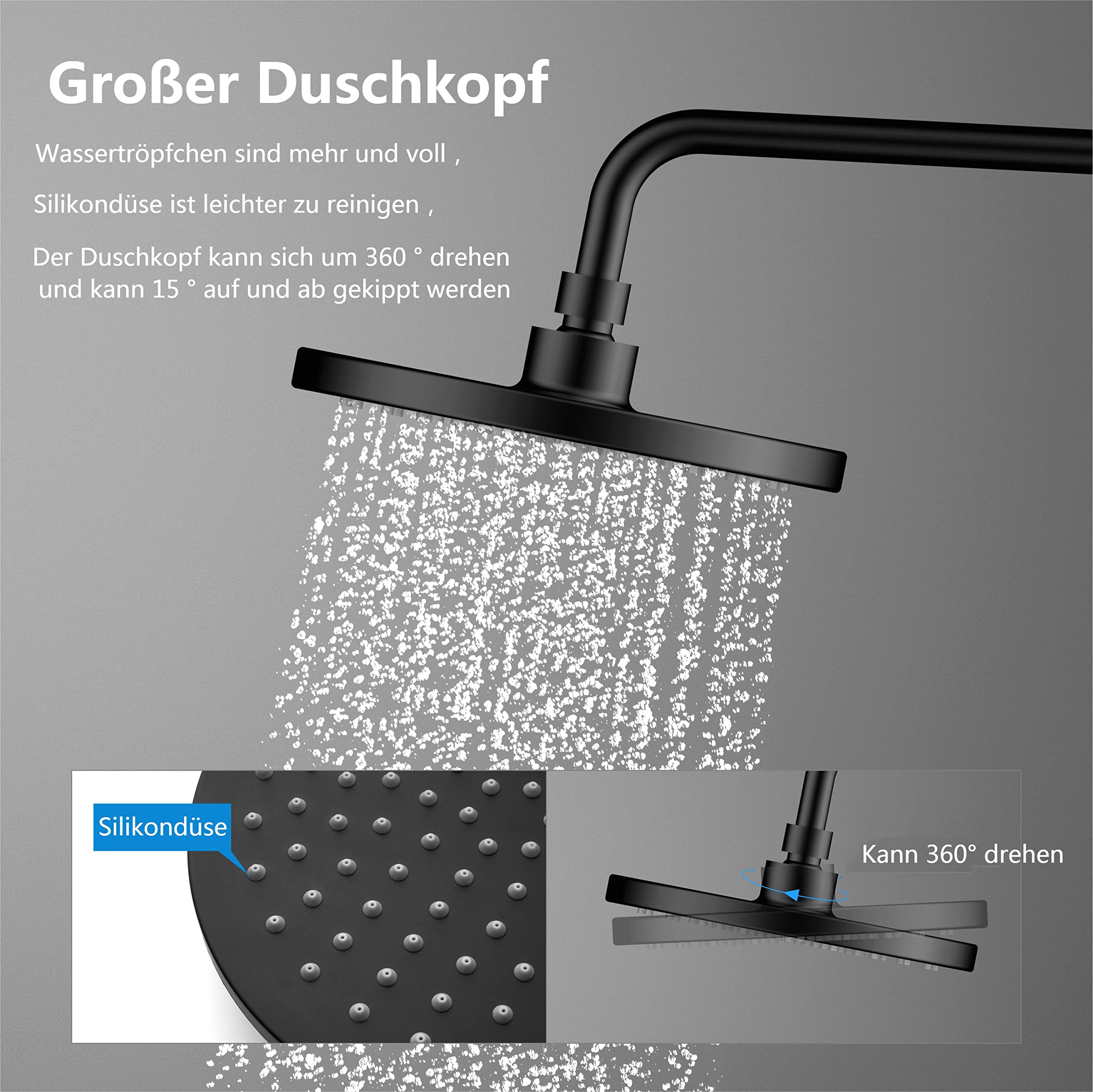 YOOZENA Duscharmatur Komplettset,Duschsystem mit Regendusche, 3 Strahlarten Duschkopf, Duscharmatur Schwarz，Regendusche mit armatur