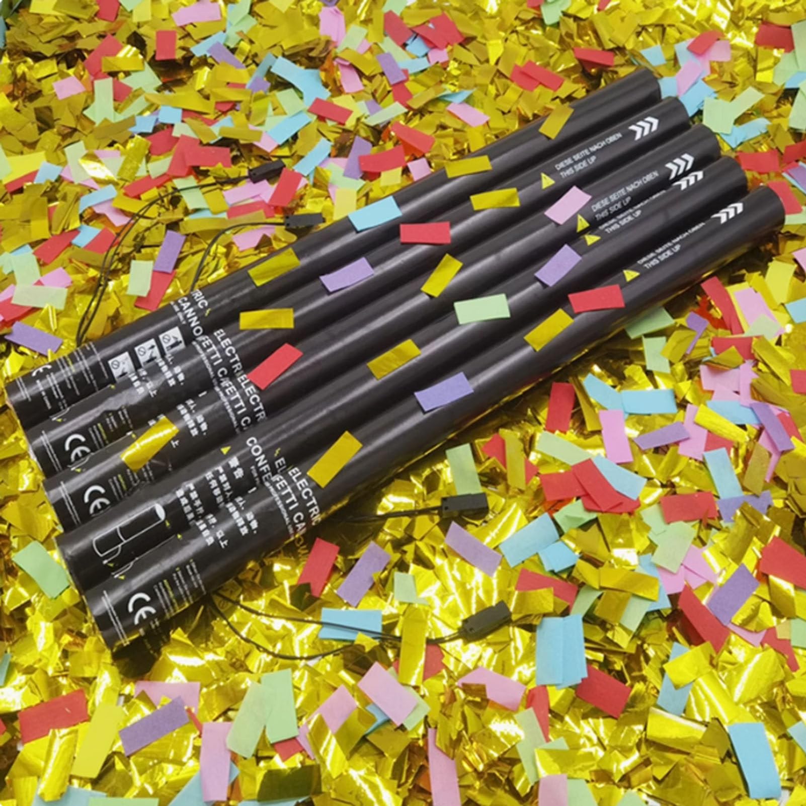 Konfettikanonen-Set mit 25 großen, 80 cm langen Konfettikanonen. Biologisch abbaubar. Ideal für Feiern, Geburtstage, Hochzeiten und Partys. Farbig und goldfarben.