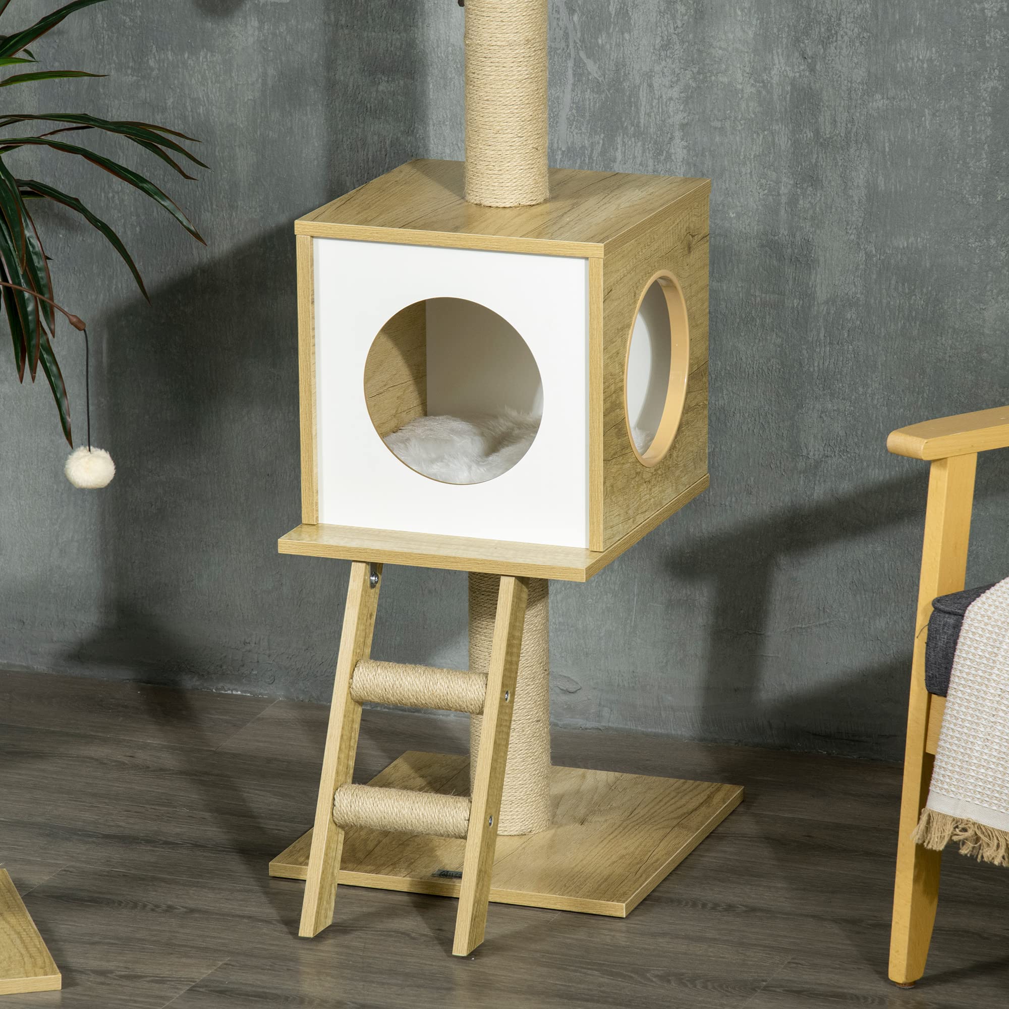 PawHut Árbol para Gatos Techo Ajustable 40x40x225-285 cm Beige | 225-285 cm Altura Ajustable, Árbol para Gatos Grande, con Plataformas, Hamaca, Caseta, Poste de Yute, Rampa y Bolas