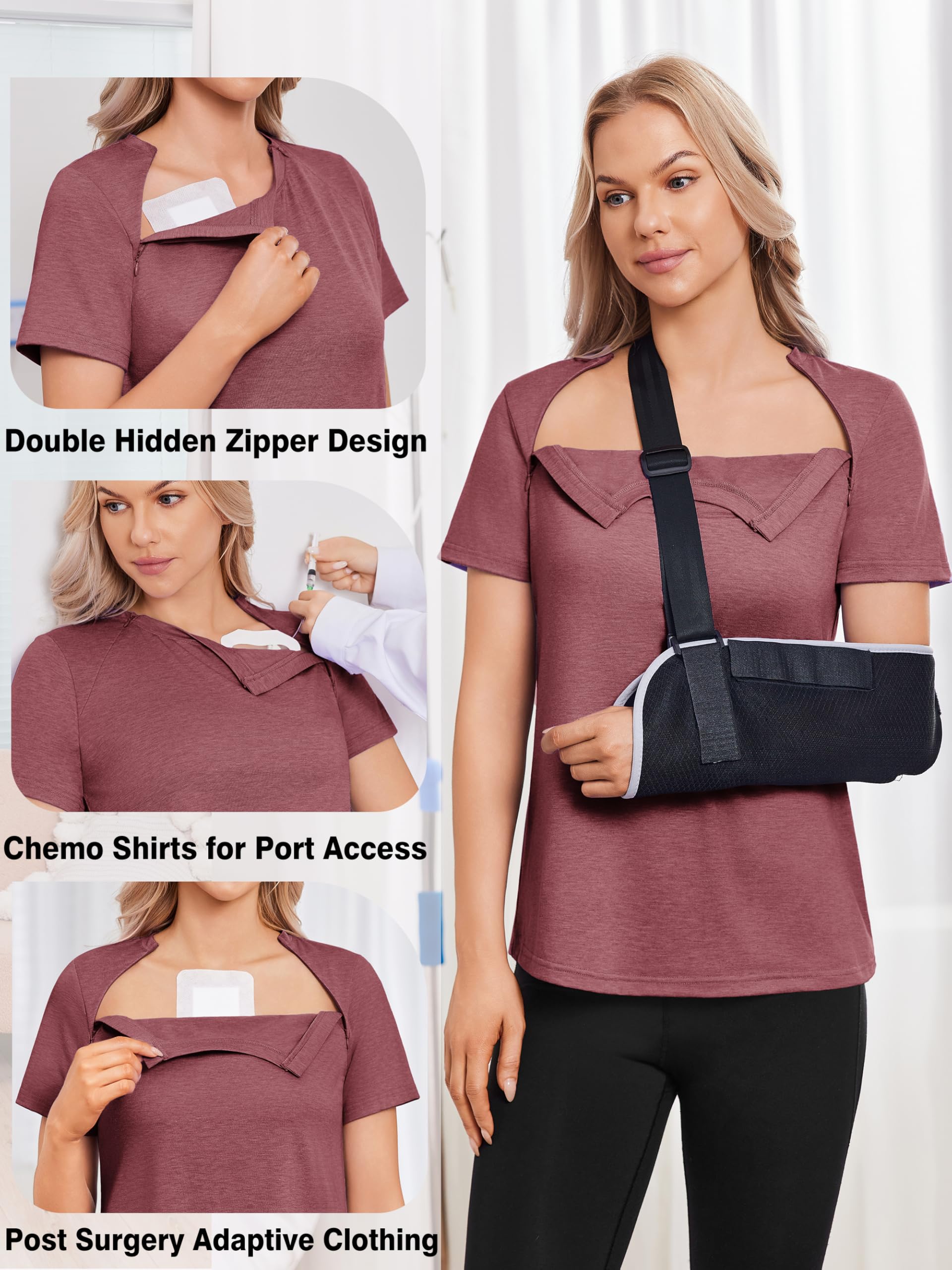 Deyeek Chemo-Shirts für Damen mit Dialyse-Port-Zugangs-Reißverschlüssen kurzärmelig adaptive Kleidung