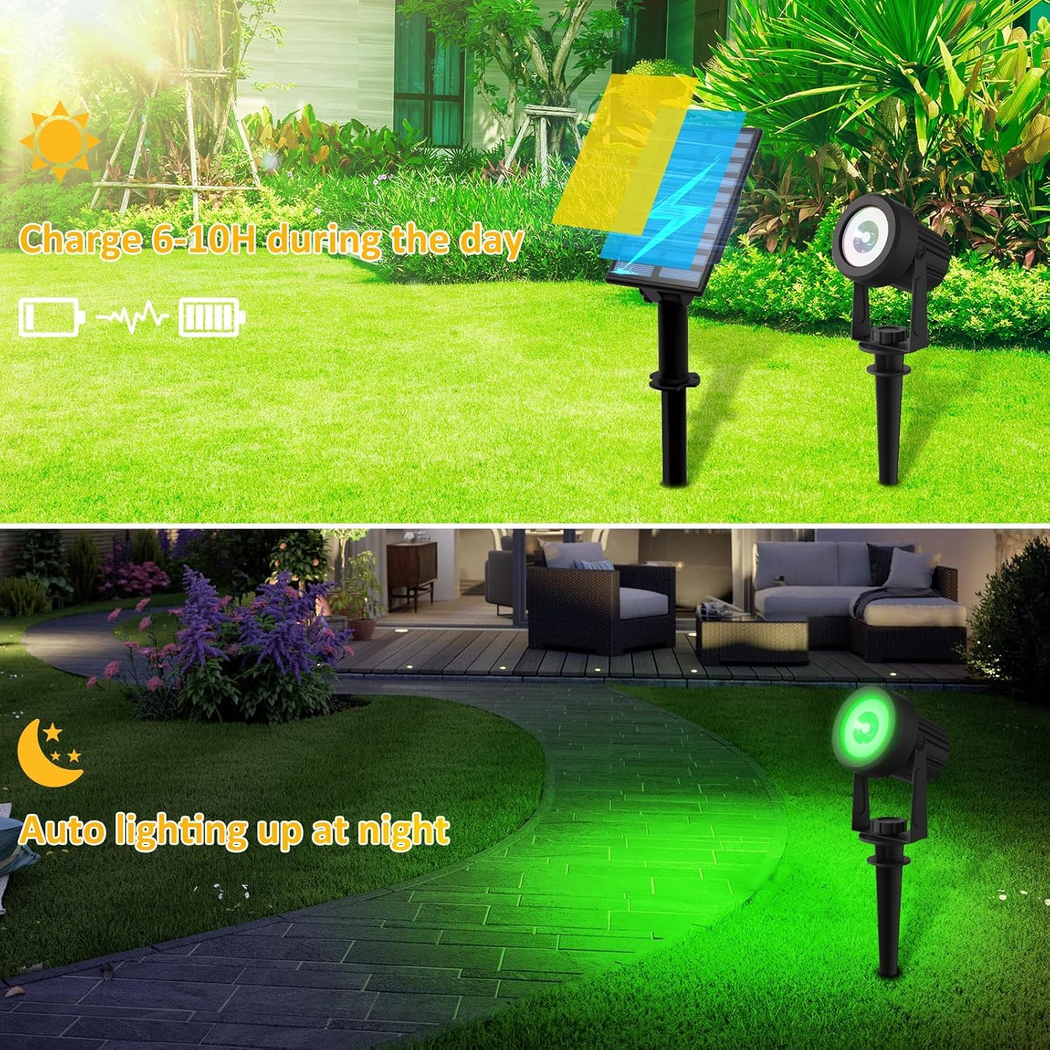 Lámpara LED Exterior Solare RGB, T-SUNUS Focos Solar Jardin Exterior con 6 Color Cambiantes, Impermeable IP65, Luz Solar Multicolor para Arboles Senderos Patio Paredes, 4 Piezas