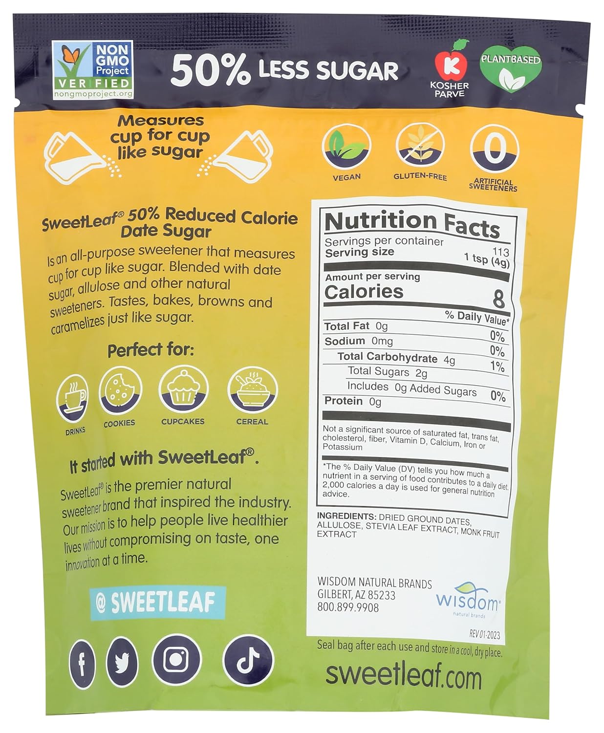 SweetLeaf 50% Reduced Calorie Date Sugar with Allulose, Stevia and Monk Fruit Extract - All Purpose Natural Sweetener, Non GMO, Vegan, Gluten Free, Only 8 Calories Per Serving - 16 Oz