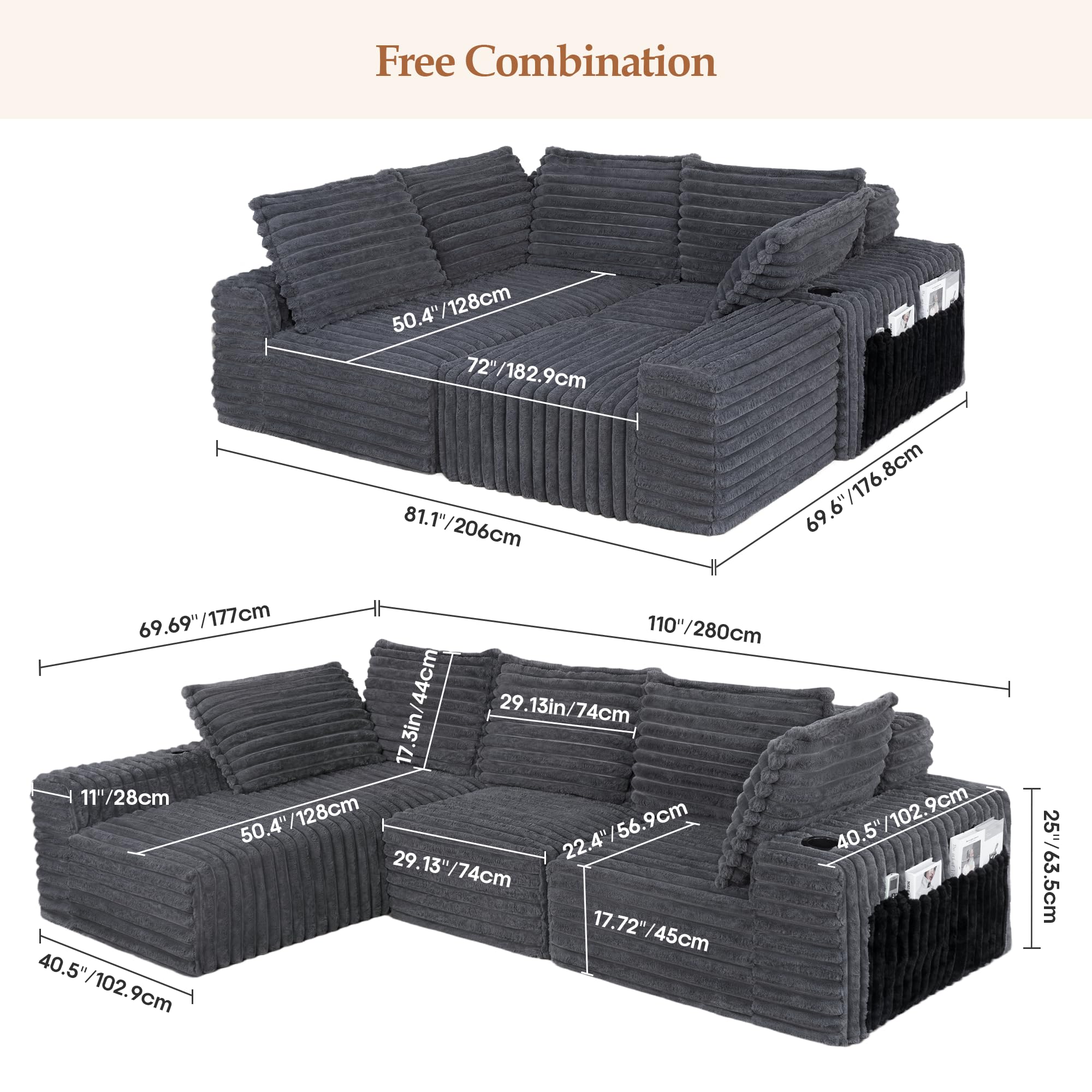 Sofa mit Schlaffunktion 280cm Breit L-förm Ecksofa mit Corduroy Fabric Modulares Cloud-Sofa mit 5 Kissen Boneless Couch mit USB-Ladeanschluss Schlafsofa für Schlafzimmer, Wohnzimmer (Grau)