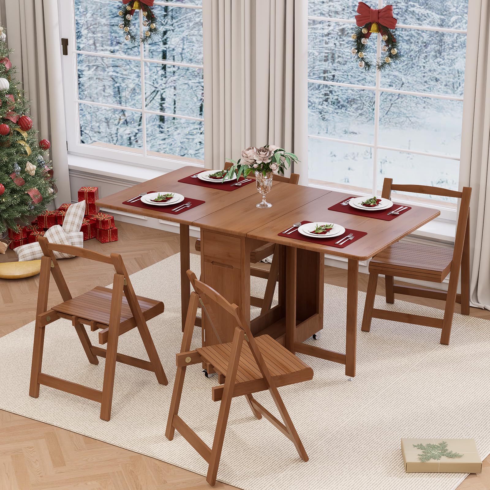 CHQUZH Folding Dining Table Set for 4 with Foldable Chairs, No Assembly Required Drop Leaf Dining Table with Storage, Bamboo Collapsible Dinette for